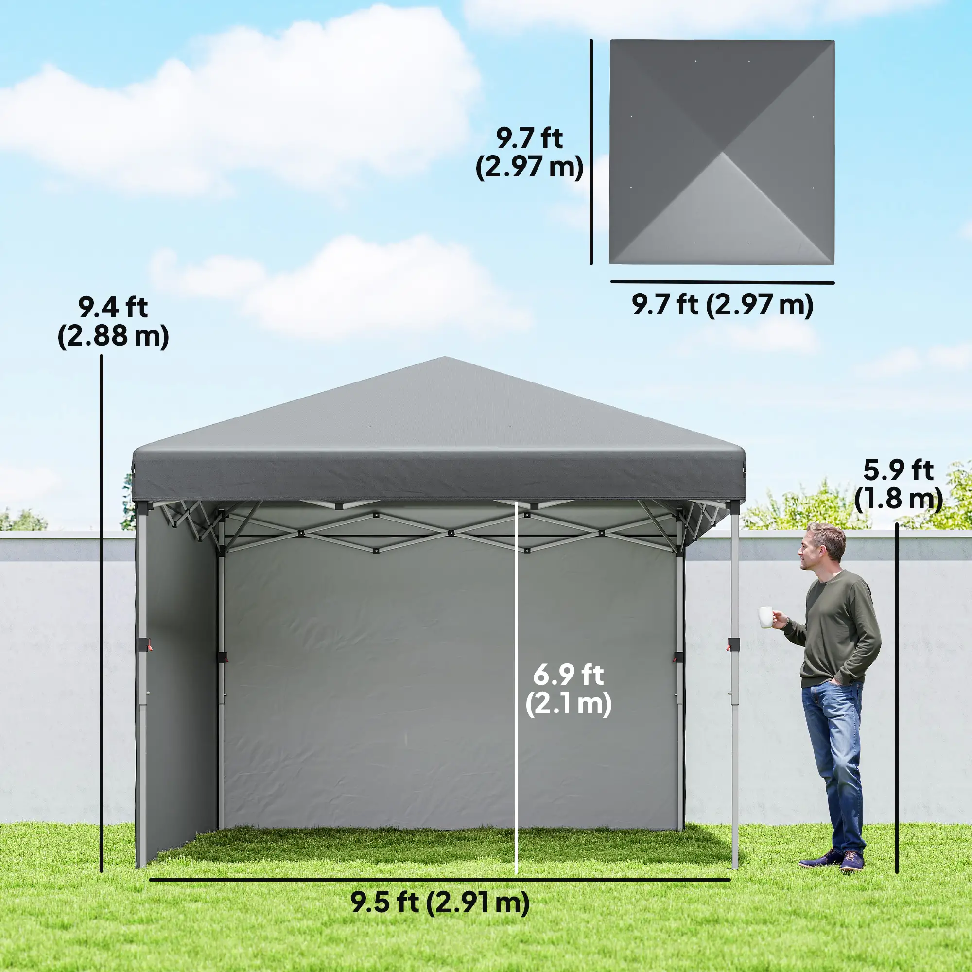 10' x 10' Pop Up Canopy With Sidewalls, Roller Bag, Height Adjustable, Grey - Image 3