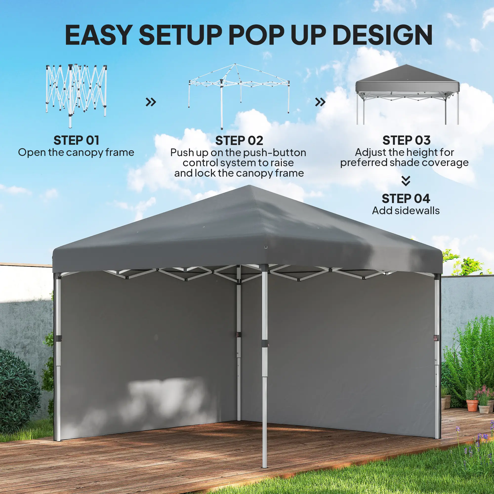 10' x 10' Pop Up Canopy With Sidewalls, Roller Bag, Height Adjustable, Grey - Image 5