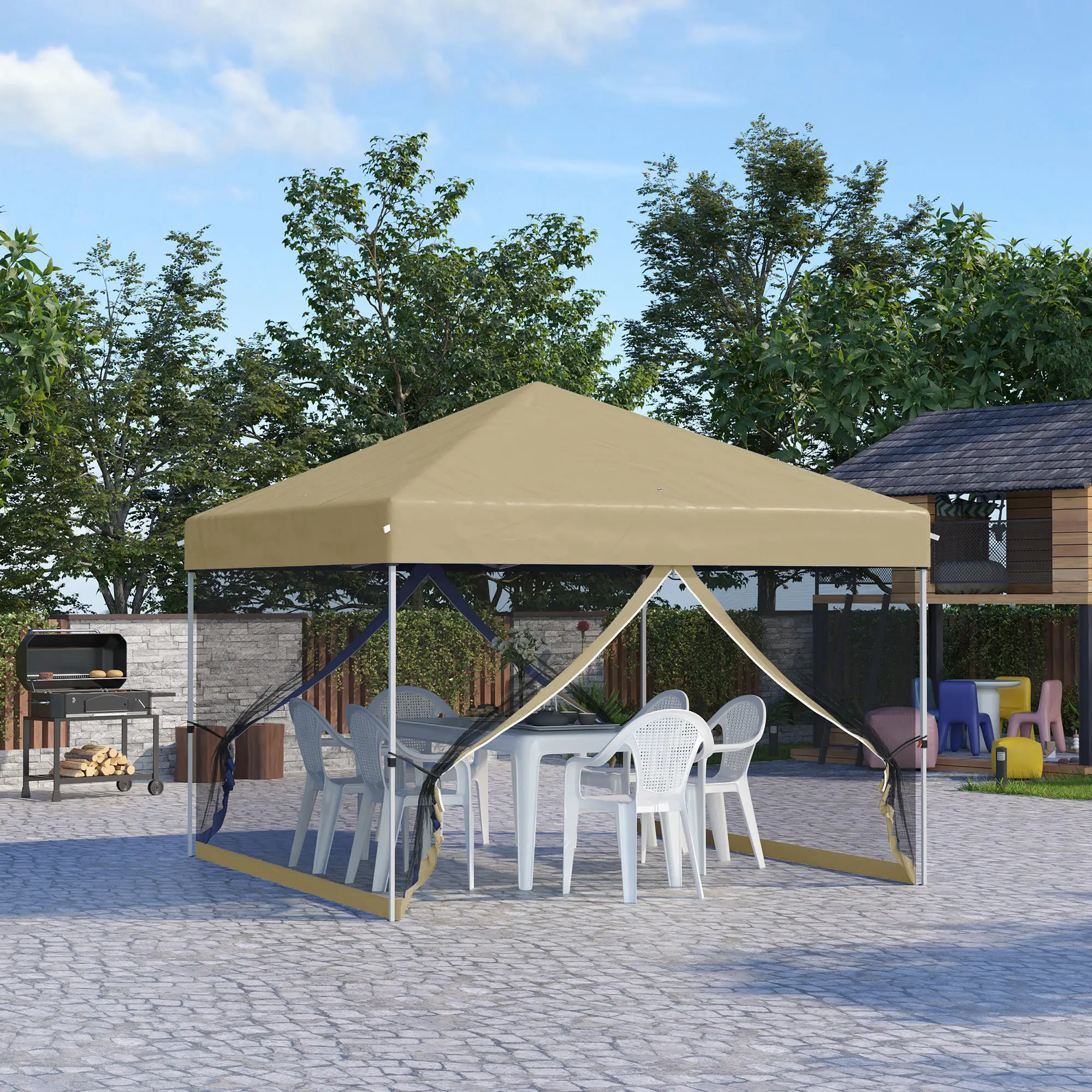 10' x 10' Pop-Up Party Tent, UPF50+ Outdoor Canopy, Mesh Sidewalls, Khaki - Image 2