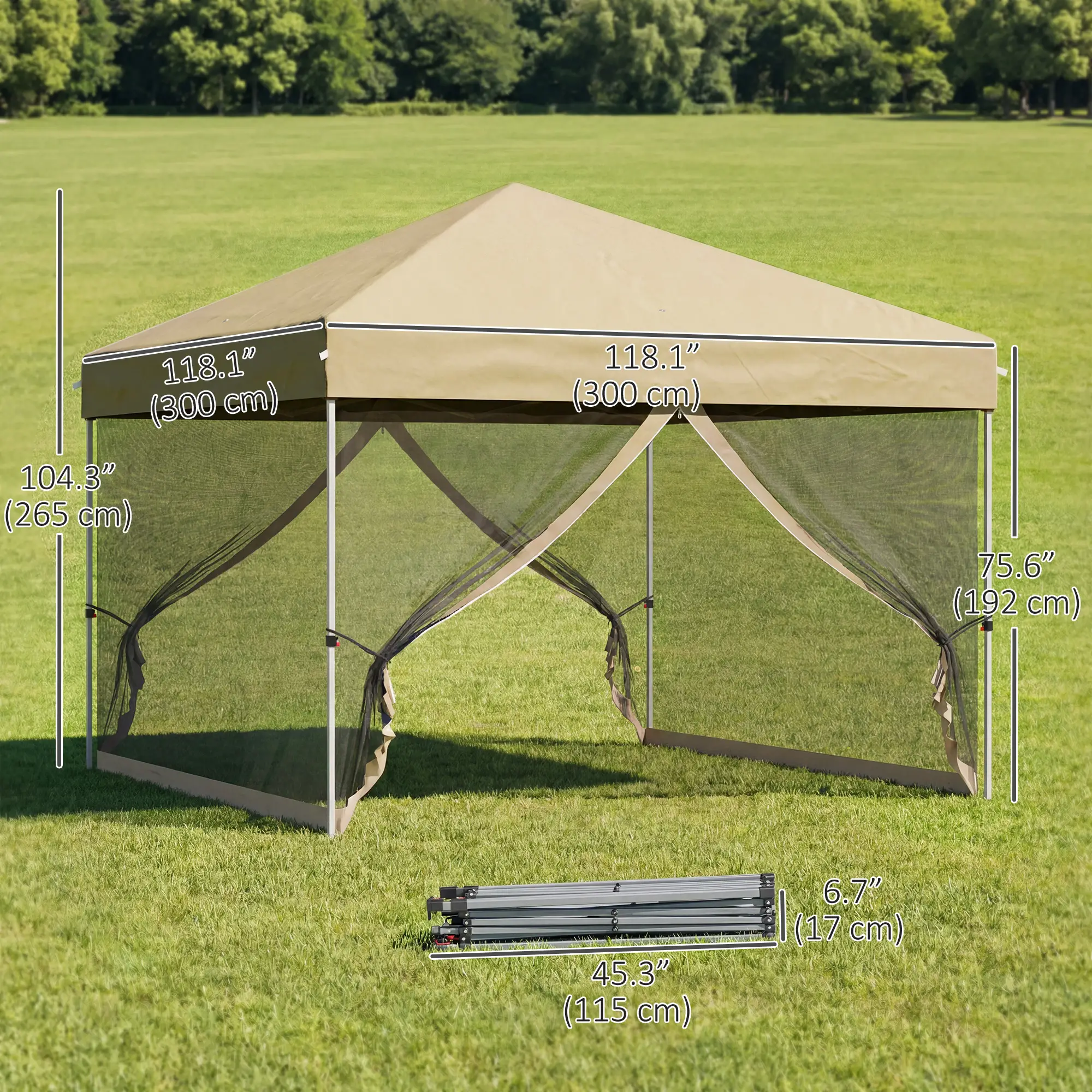 10' x 10' Pop-Up Party Tent, UPF50+ Outdoor Canopy, Mesh Sidewalls, Khaki - Image 3