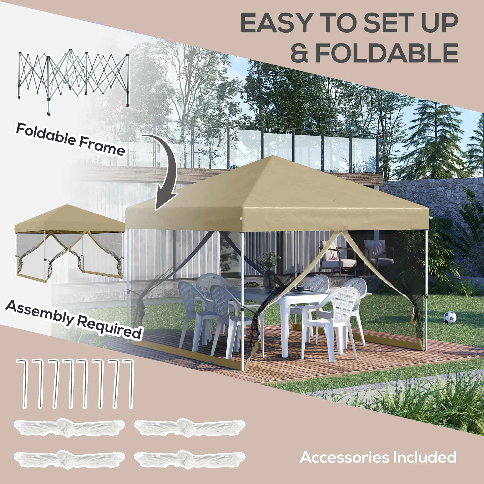 10' x 10' Pop-Up Party Tent, UPF50+ Outdoor Canopy, Mesh Sidewalls, Khaki - Image 4
