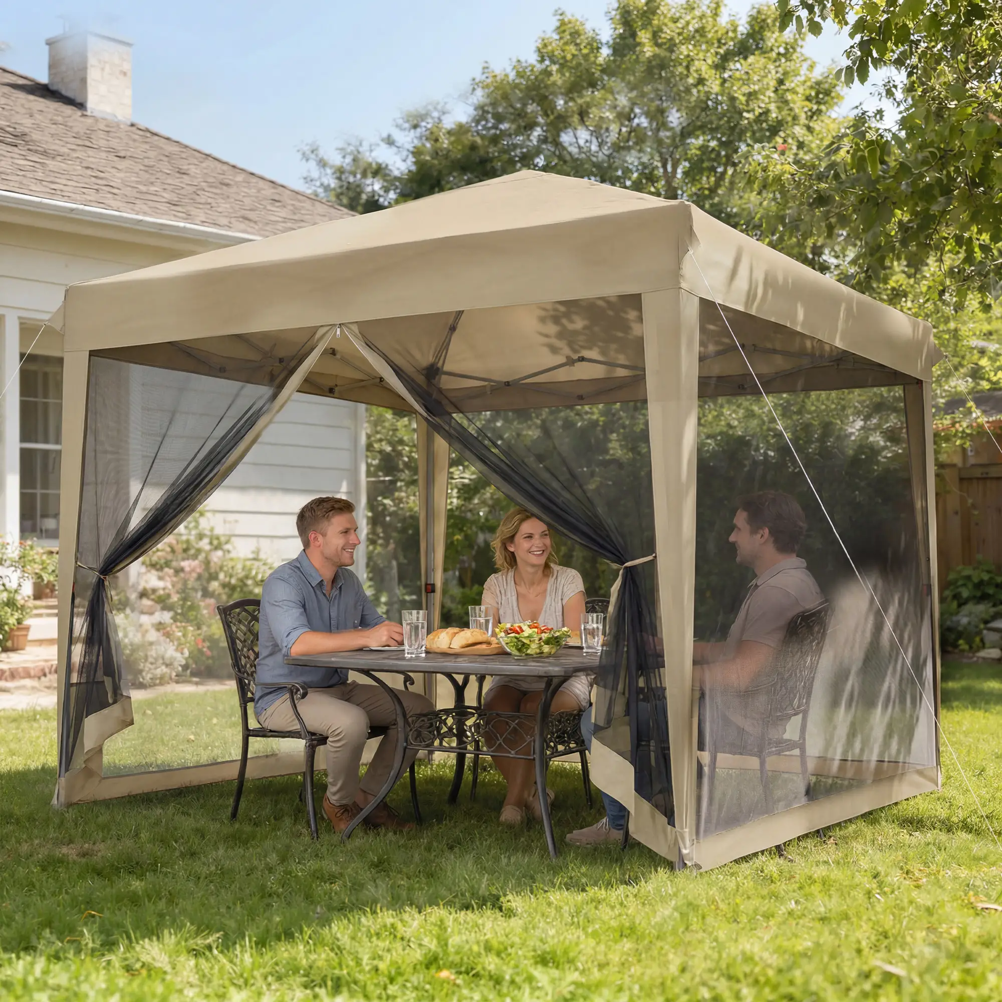 10' x 10' Pop-Up Party Tent, UPF50+ Outdoor Canopy, Mesh Sidewalls, Khaki - Image 9