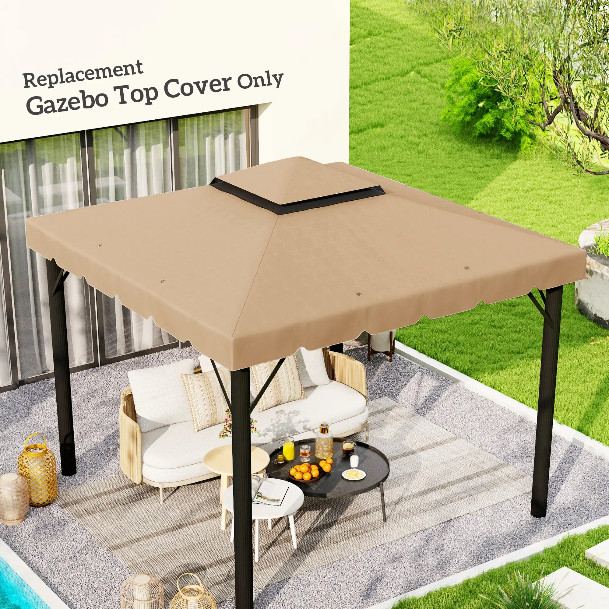 10' x 10' Replacement Canopy, Gazebo Top Cover, Double Vented Roof, Khaki - Image 2