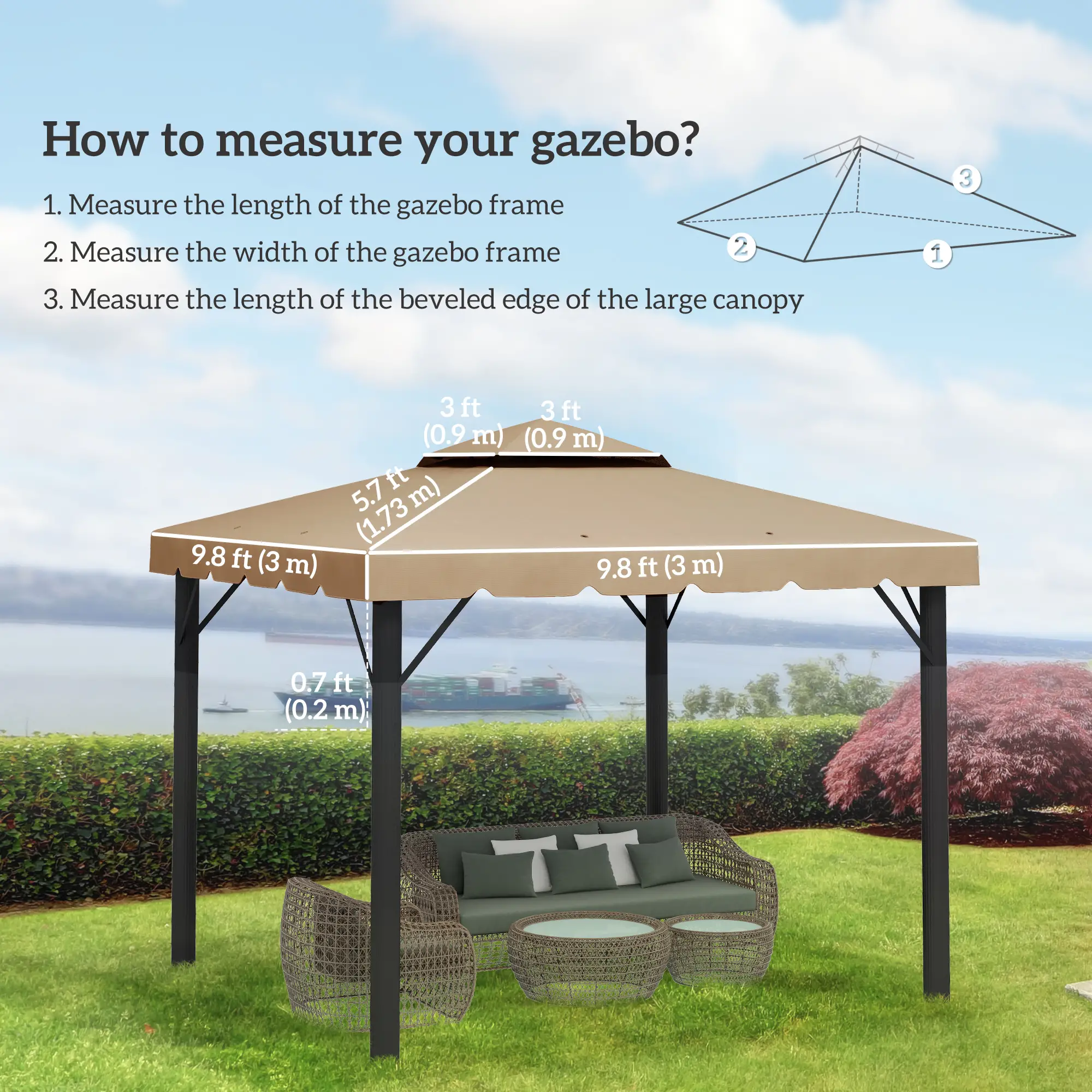 10' x 10' Replacement Canopy, Gazebo Top Cover, Double Vented Roof, Khaki - Image 3