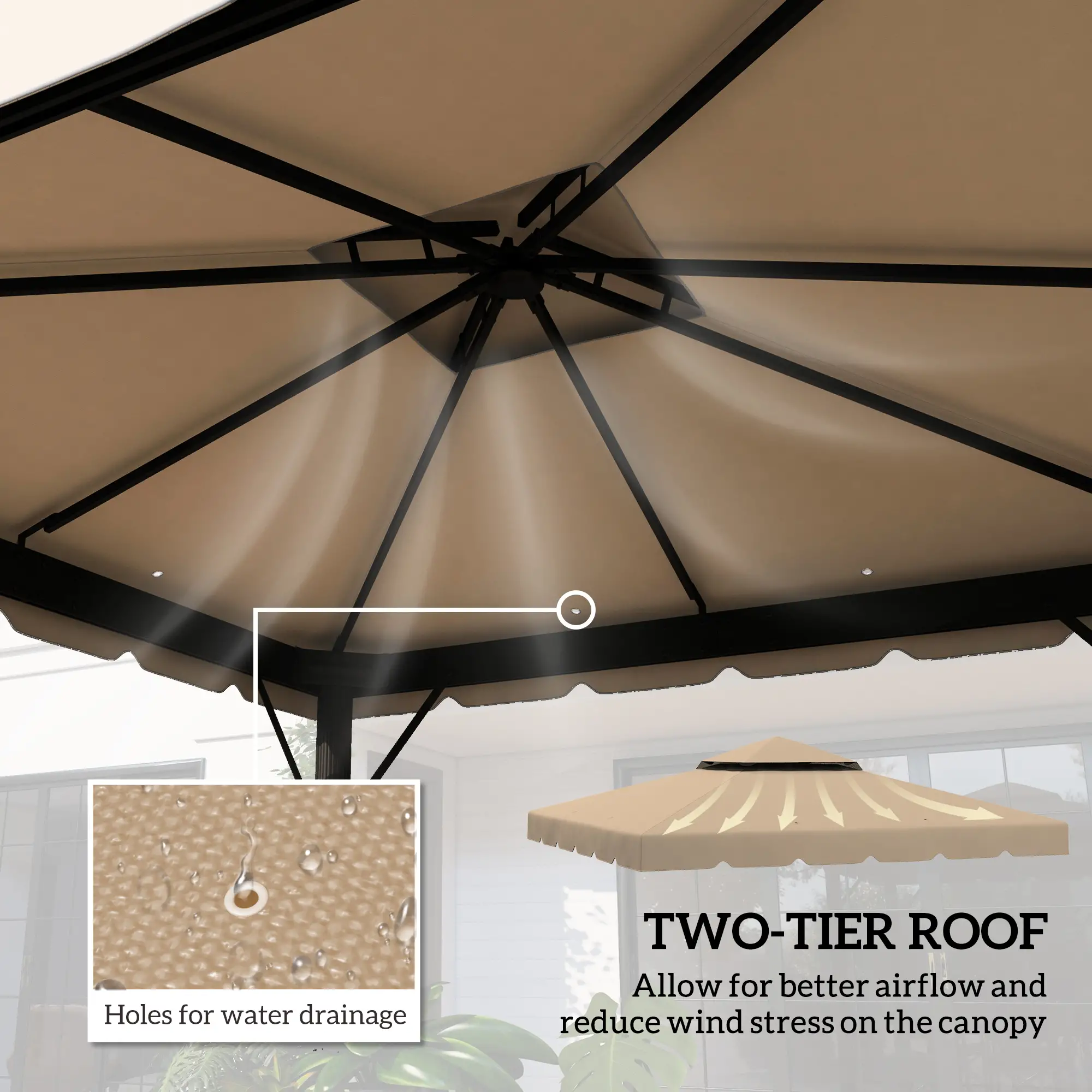 10' x 10' Replacement Canopy, Gazebo Top Cover, Double Vented Roof, Khaki - Image 4