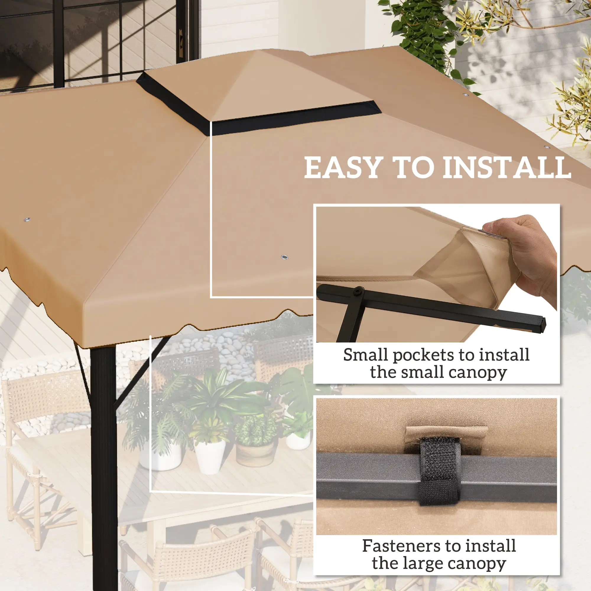 10' x 10' Replacement Canopy, Gazebo Top Cover, Double Vented Roof, Khaki - Image 5