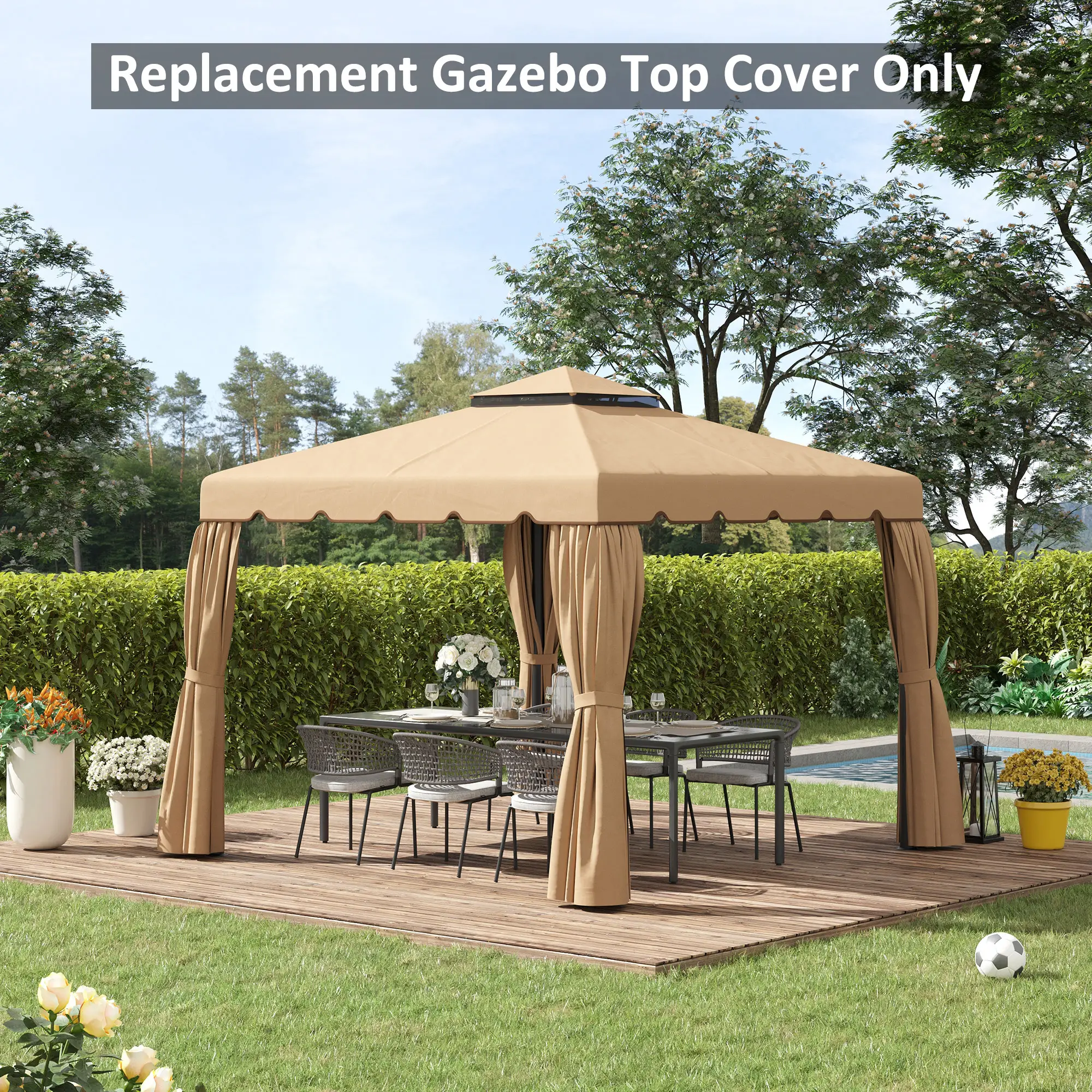 10' x 10' Replacement Canopy, Gazebo Top Cover, Double Vented Roof, Khaki - Image 7