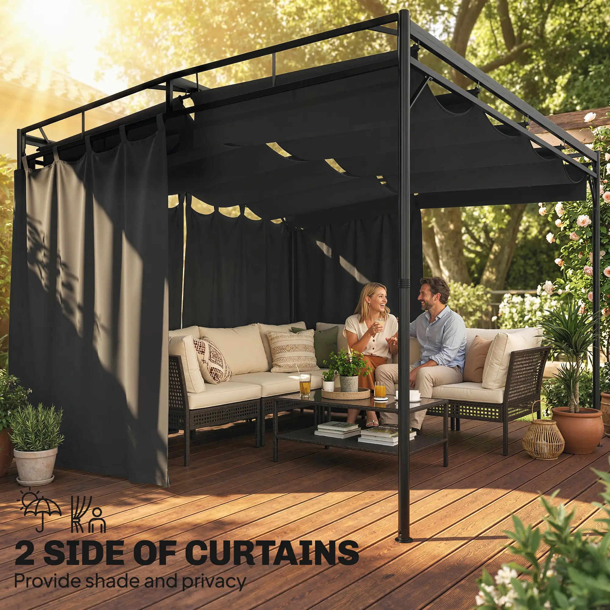 10' x 10' Retractable Pergola Canopy, Metal Garden Gazebo Sun Shade - Image 5