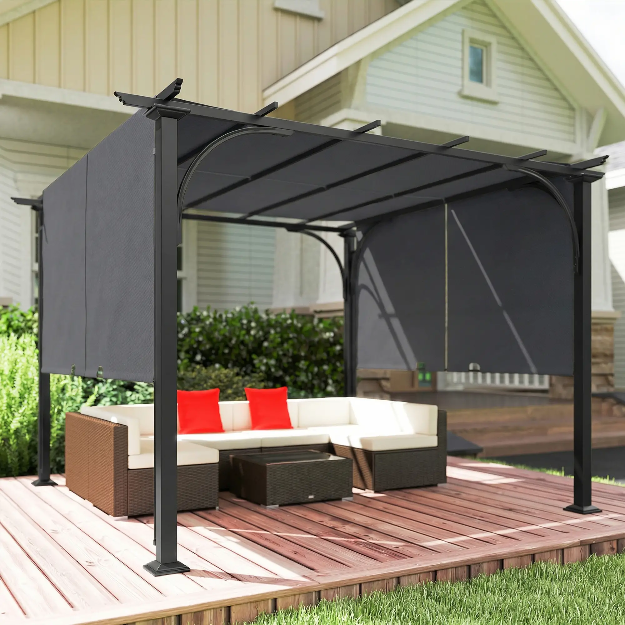 10' x 10' Retractable Pergola Canopy, UPF50+ Outdoor Metal Gazebo, Dark Grey - Image 10