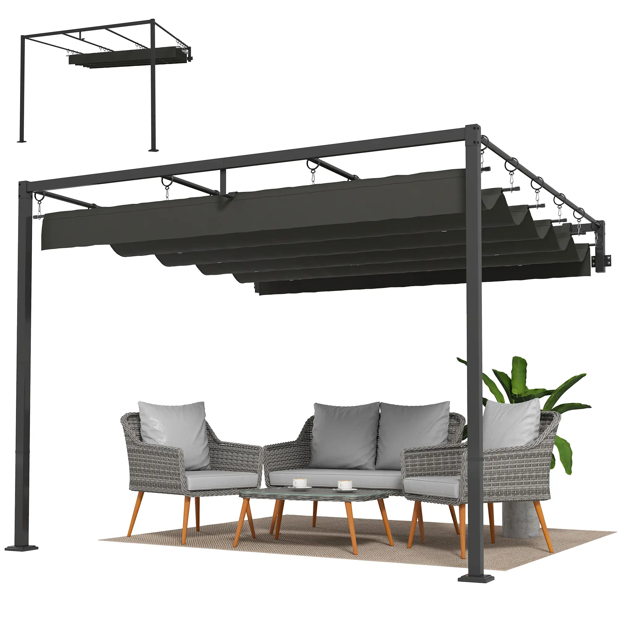 10' x 10' Retractable Pergola Canopy, Wall Mounted, Dark Grey