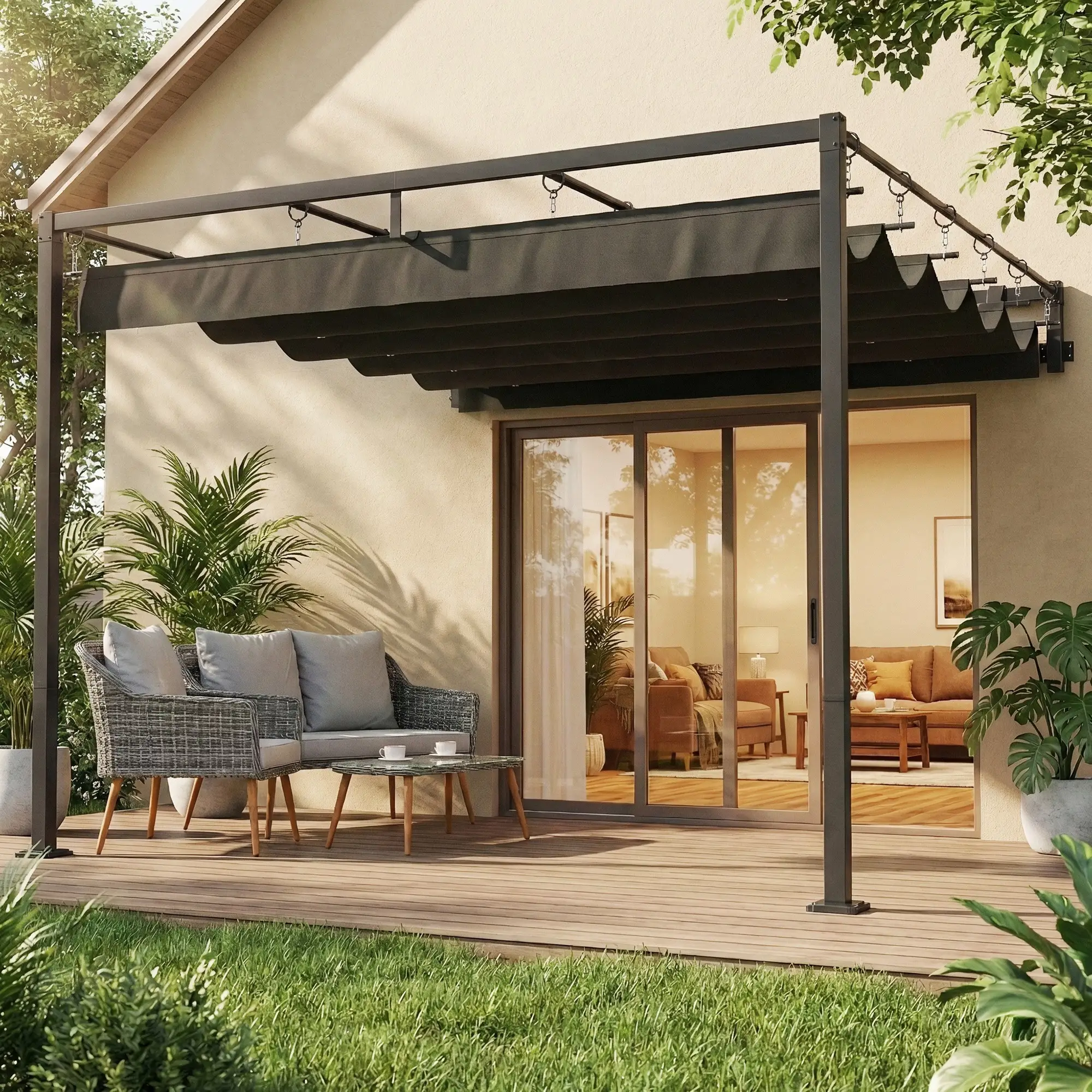 10' x 10' Retractable Pergola Canopy, Wall Mounted, Dark Grey - Image 10