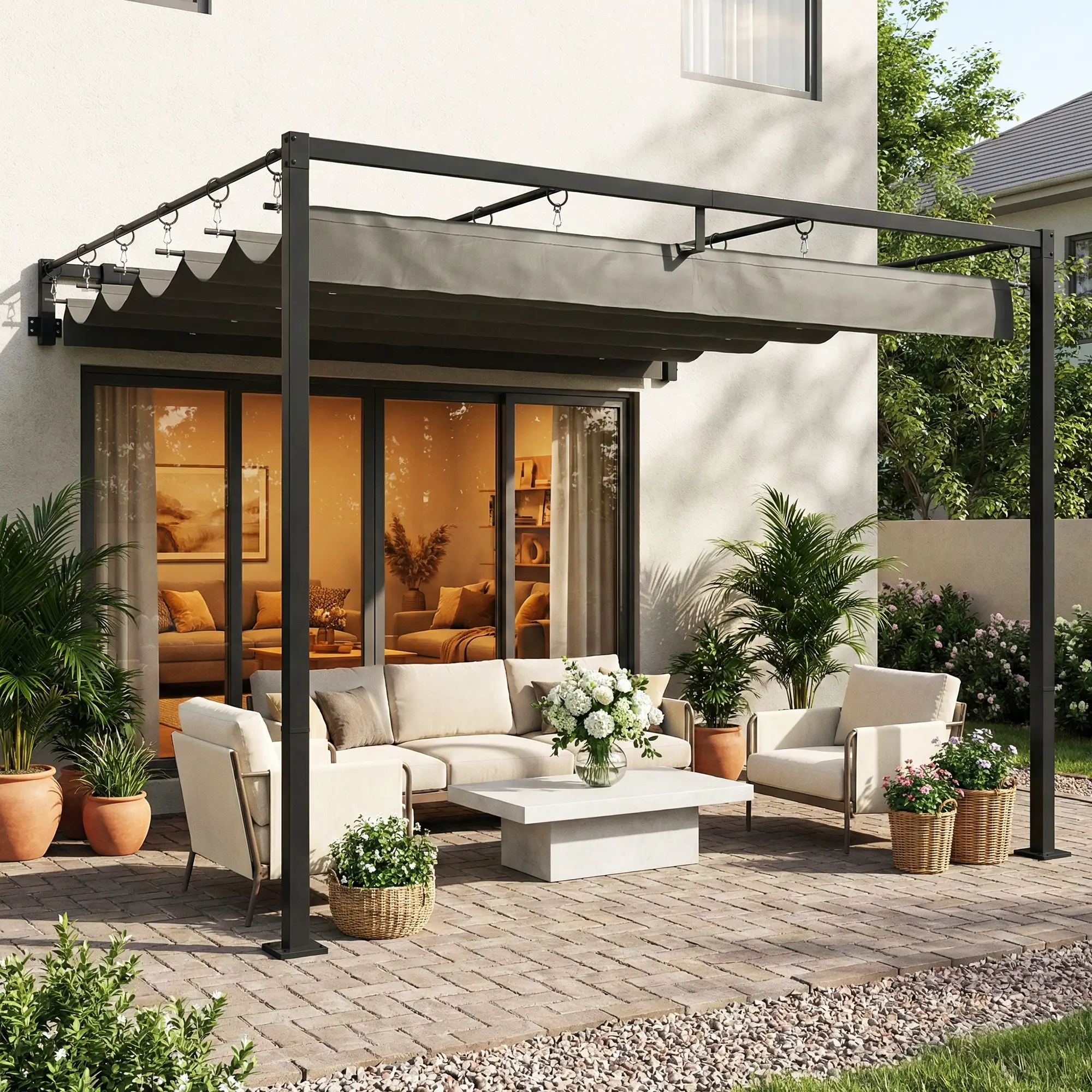 10' x 10' Retractable Pergola Canopy, Wall Mounted, Dark Grey - Image 2