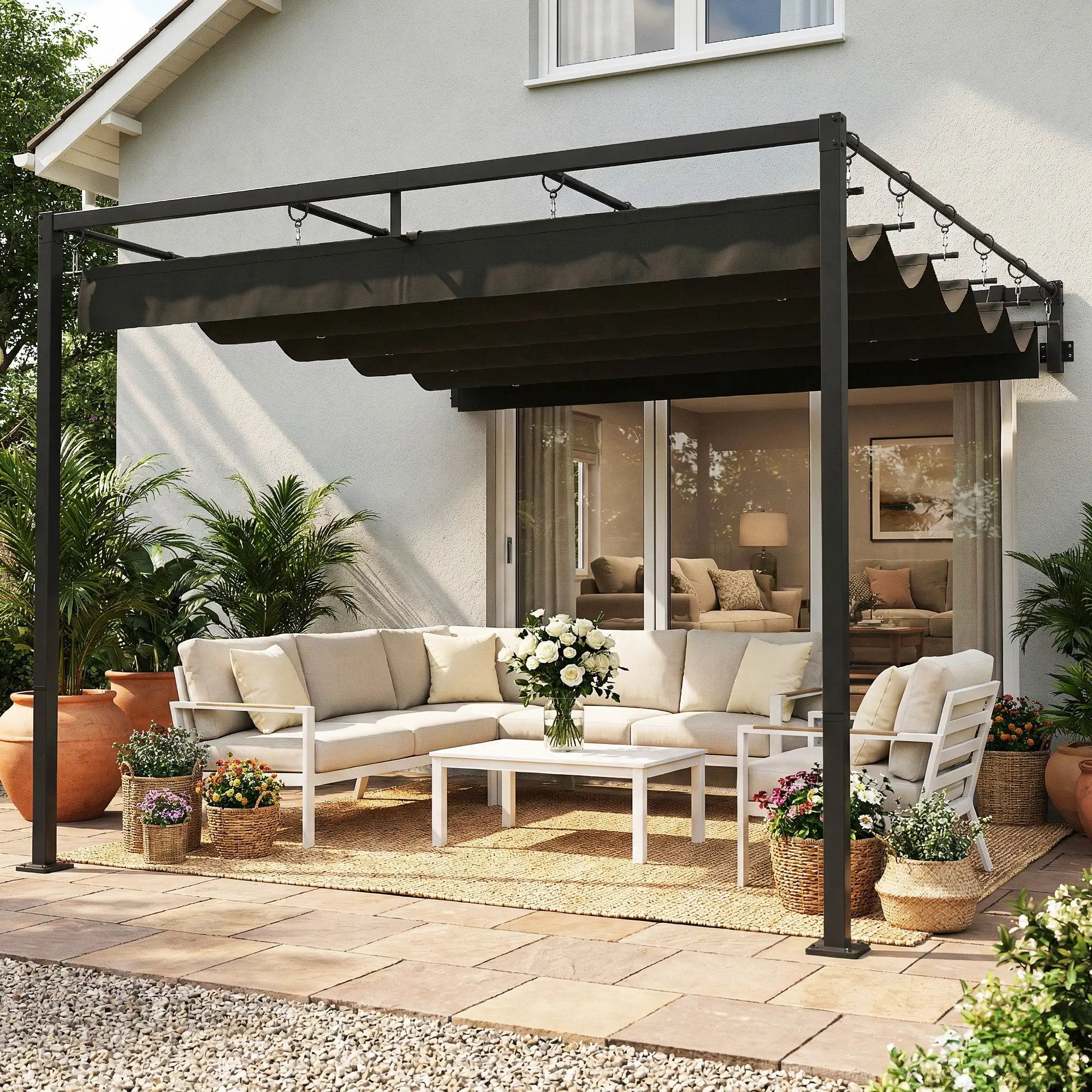 10' x 10' Retractable Pergola Canopy, Wall Mounted, Dark Grey - Image 8