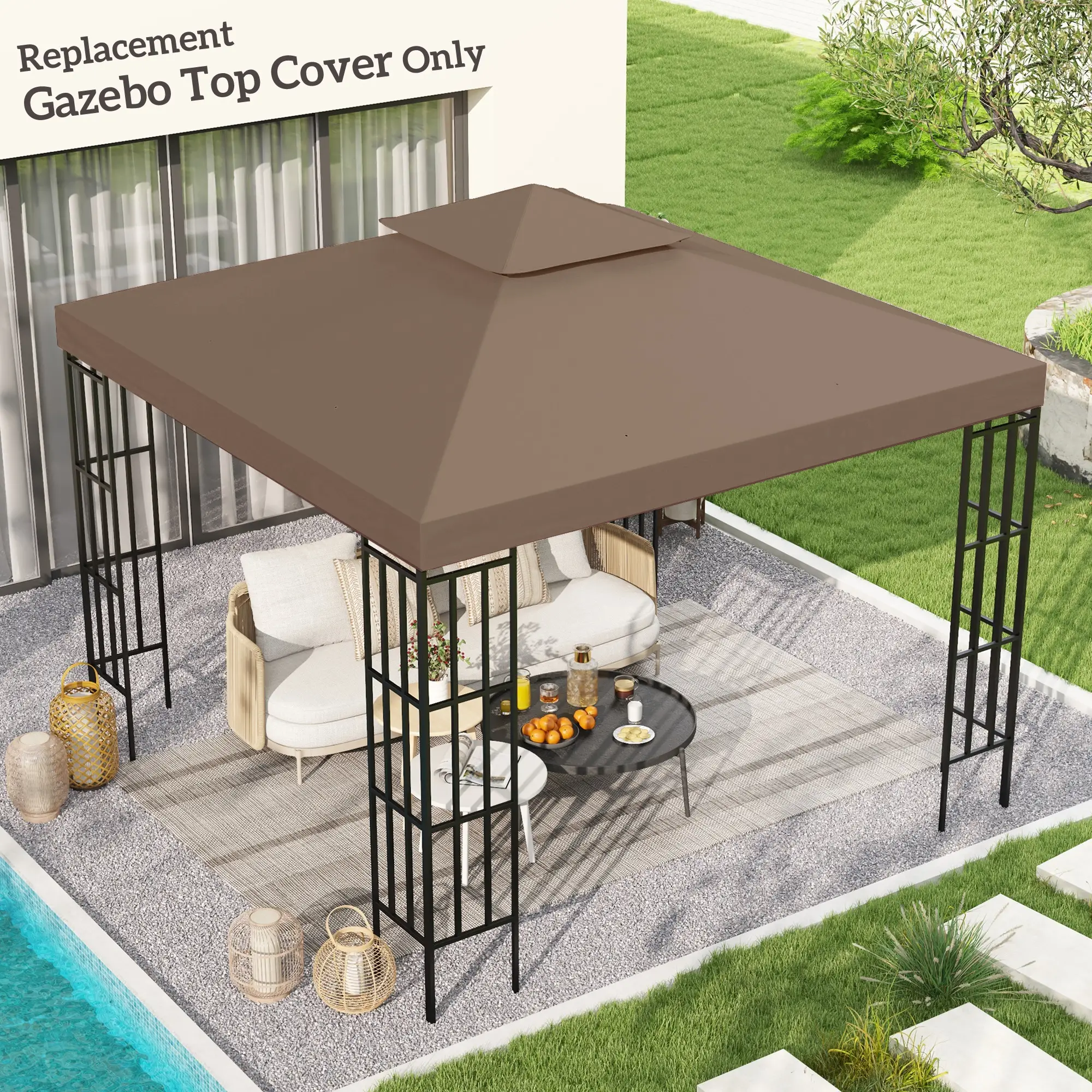 10' x 10' Square 2-Tier Gazebo Canopy Cover, Outdoor Garden Sun Shade, Coffee - Image 2