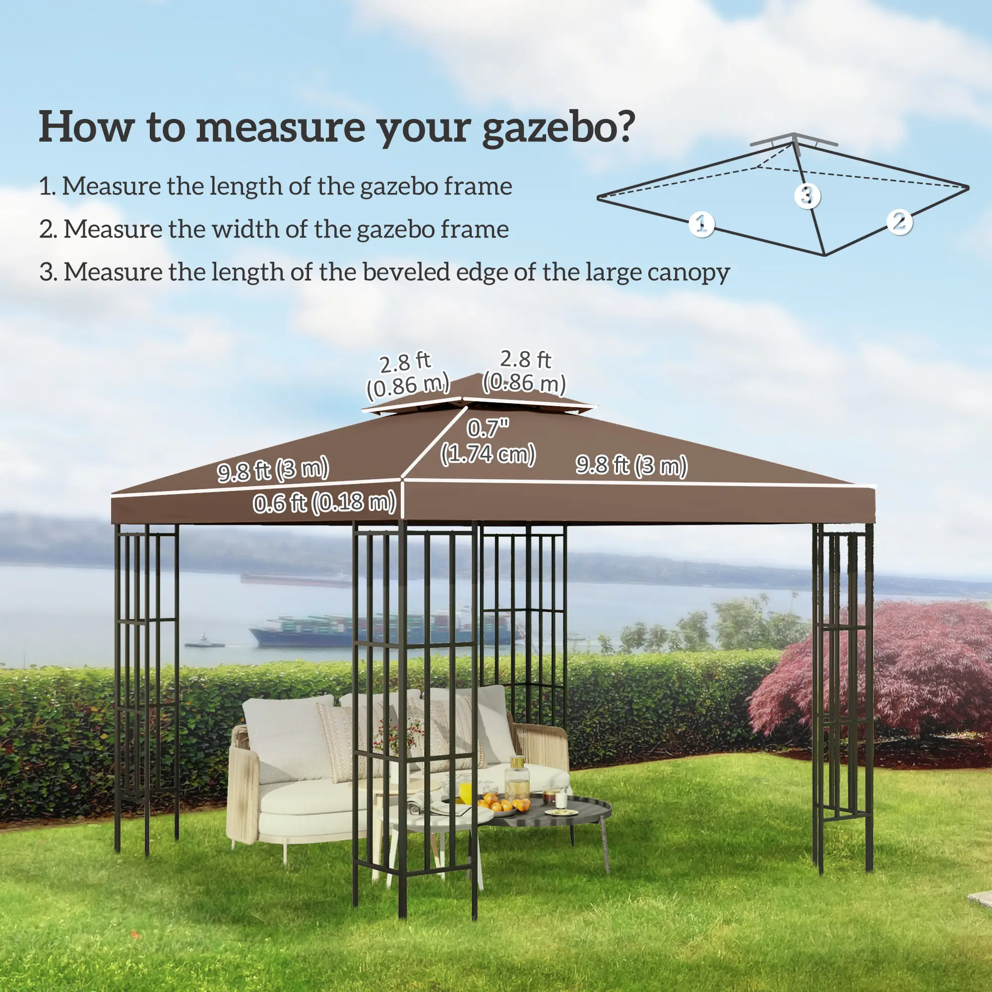10' x 10' Square 2-Tier Gazebo Canopy Cover, Outdoor Garden Sun Shade, Coffee - Image 3