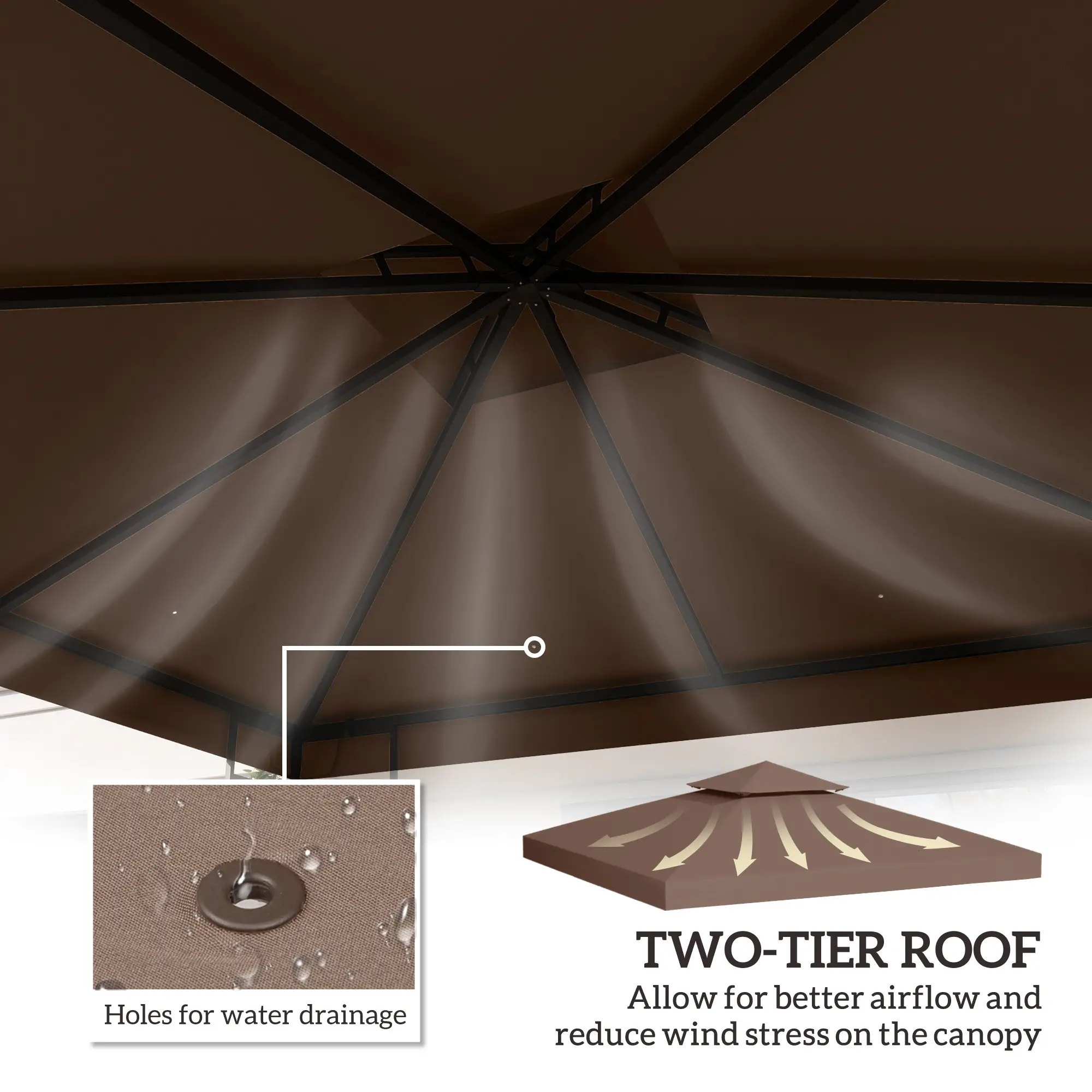 10' x 10' Square 2-Tier Gazebo Canopy Cover, Outdoor Garden Sun Shade, Coffee - Image 4