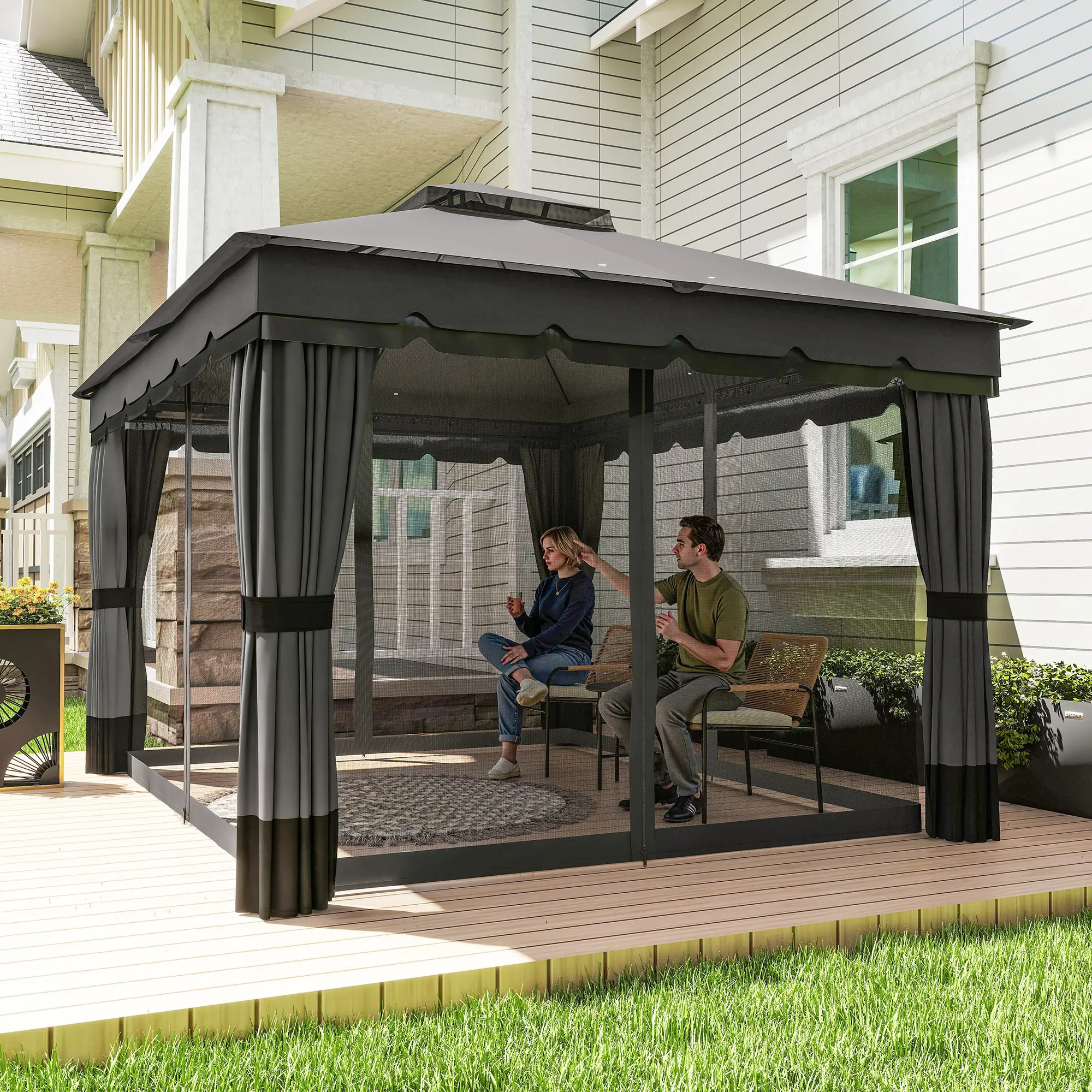 10' x 12' Double Roof Patio Gazebo Canopy With Netting, Curtains - Image 10