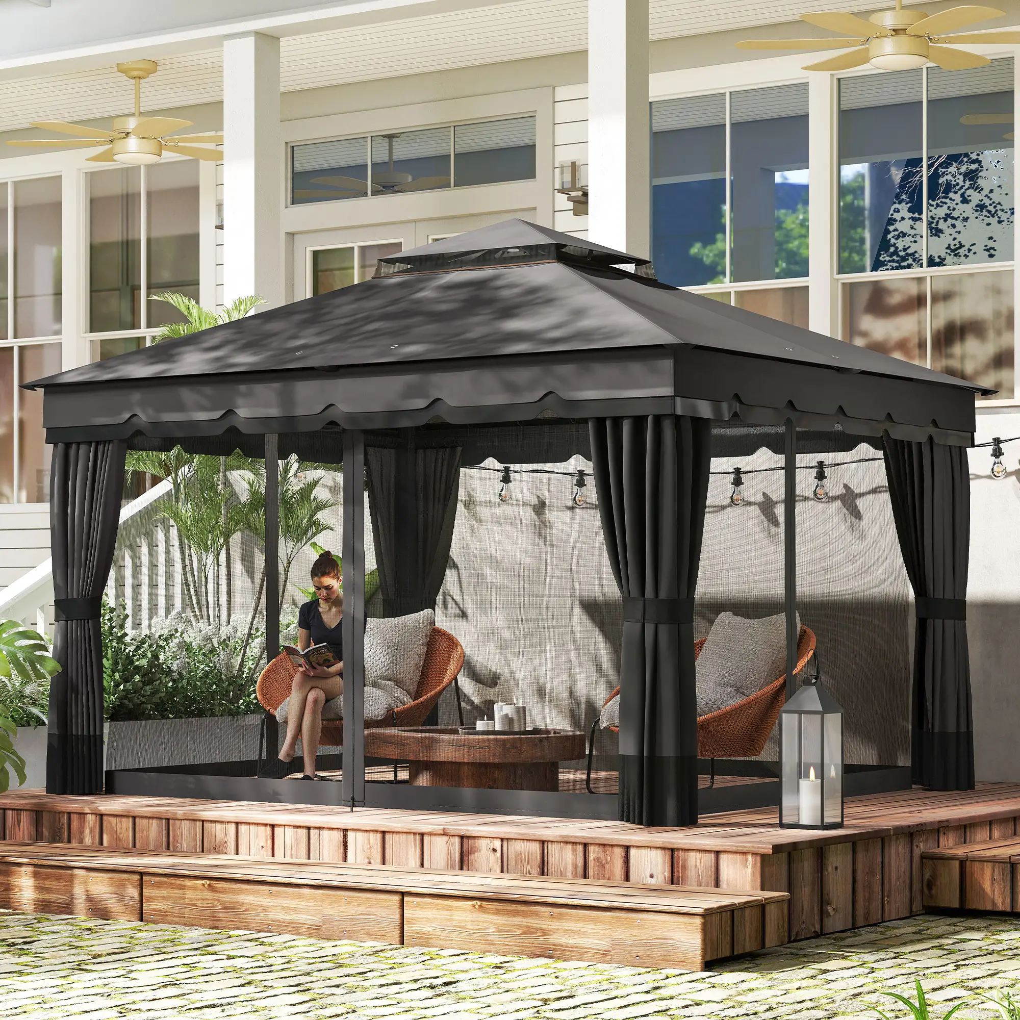 10' x 12' Double Roof Patio Gazebo Canopy With Netting, Curtains - Image 8