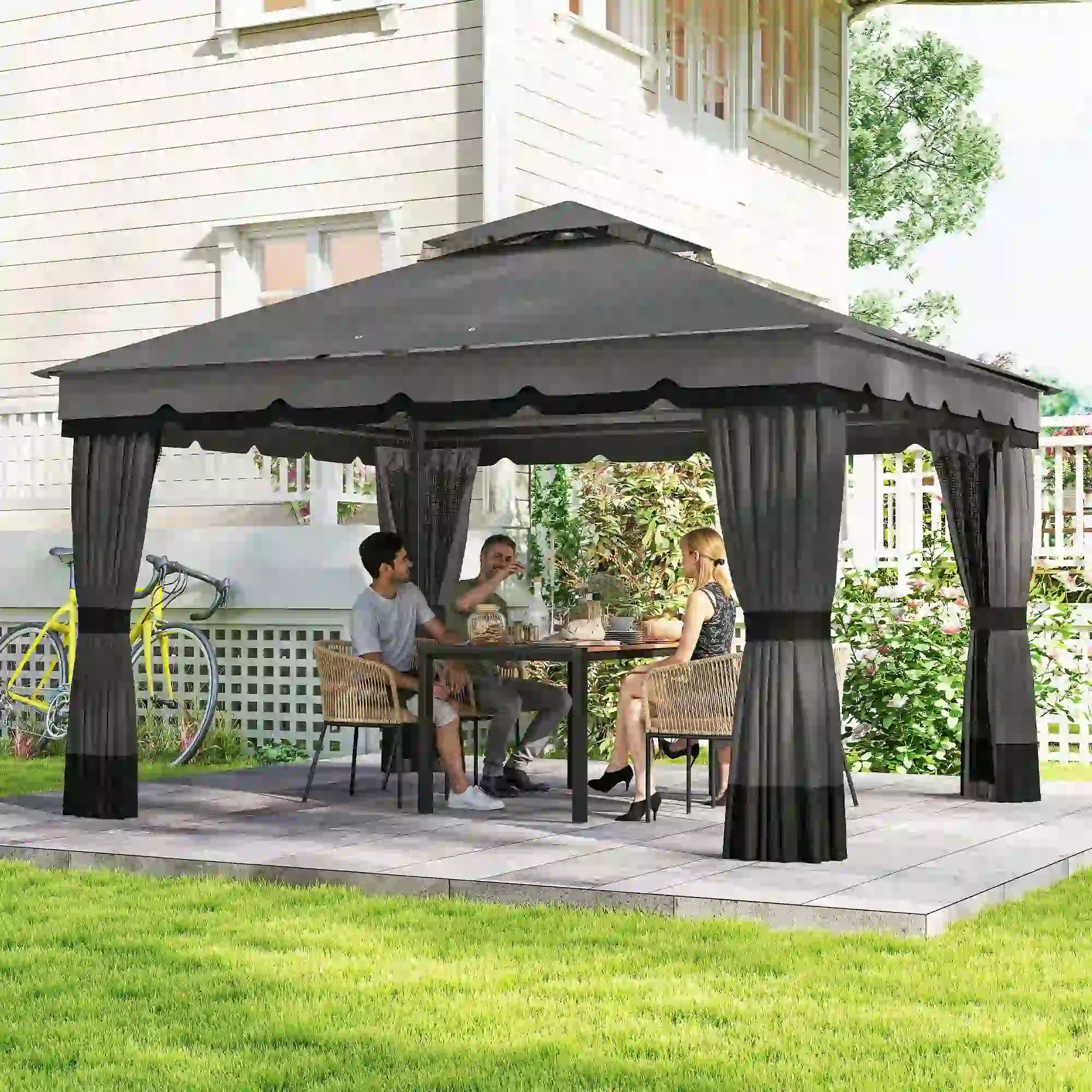 10' x 12' Double Roof Patio Gazebo Canopy With Netting, Curtains - Image 9