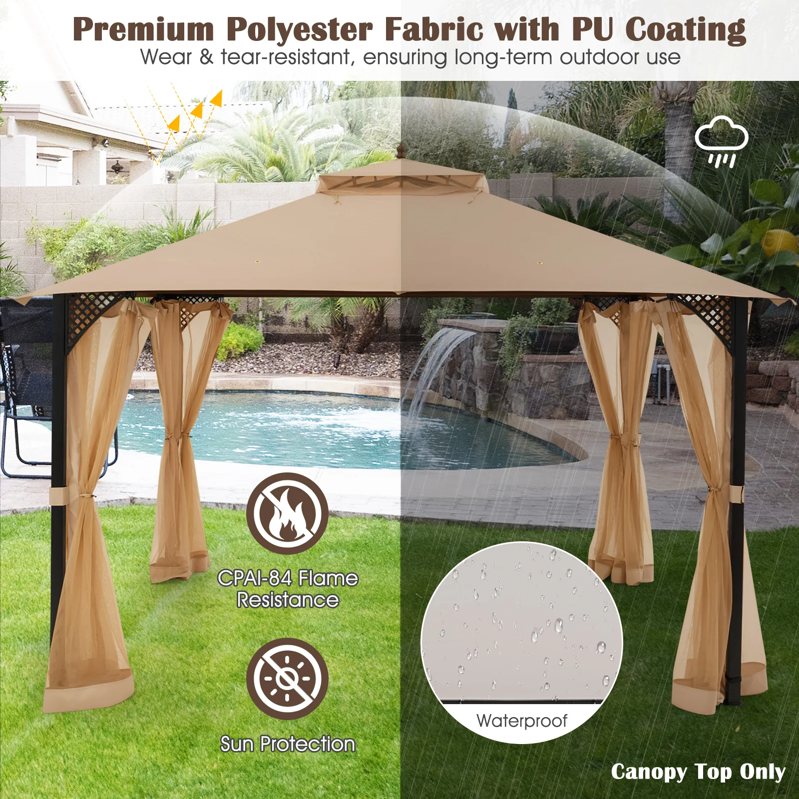 10 x 12 Feet Gazebo Top, Air Vent, Drainage Holes, Brown - Image 4