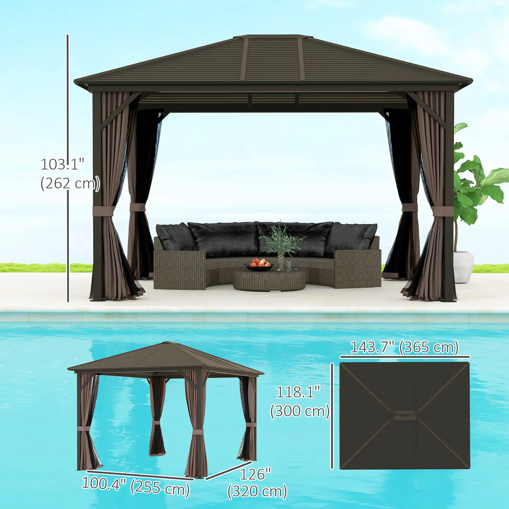 10' x 12' Hardtop Gazebo, Aluminum Frame, Coffee - Image 3
