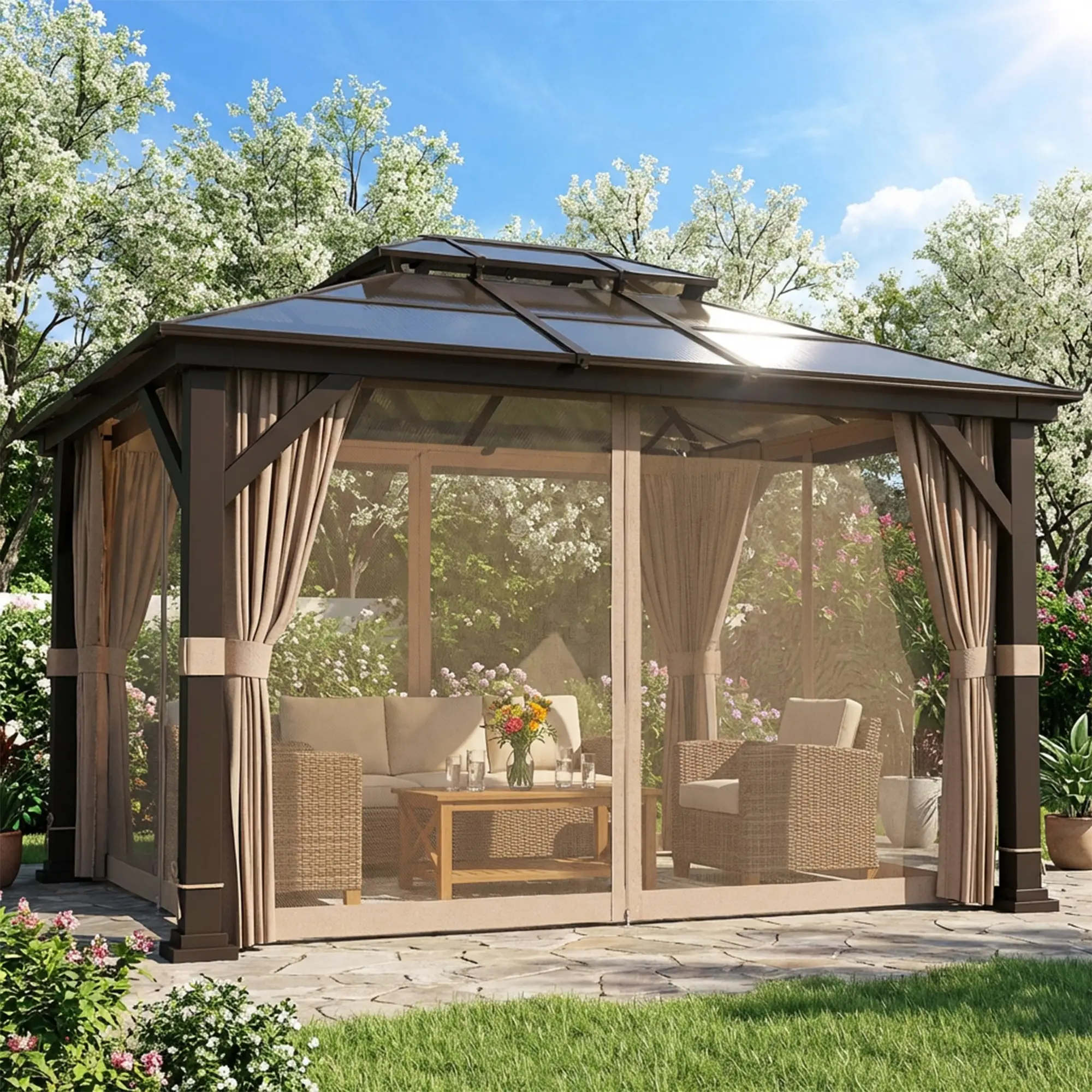 10' x 12' Hardtop Gazebo, Steel Permanent Outdoor, Khaki - Image 10
