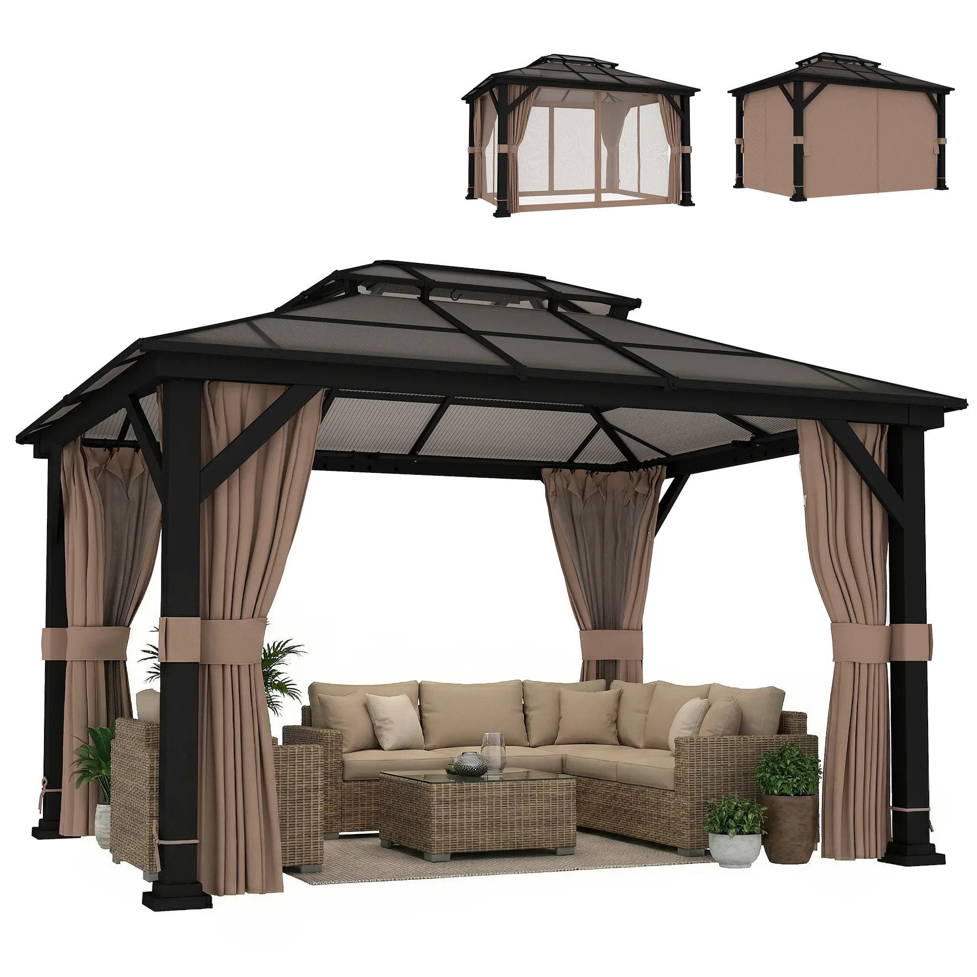 10' x 12' Hardtop Gazebo, Steel Permanent Outdoor, Khaki - Image 11