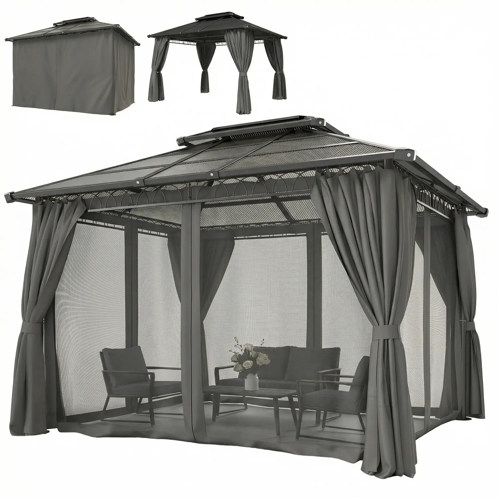 10' x 12' Outdoor Gazebo, Double Roof Hardtop, Polycarbonate Roof, Steel Frame