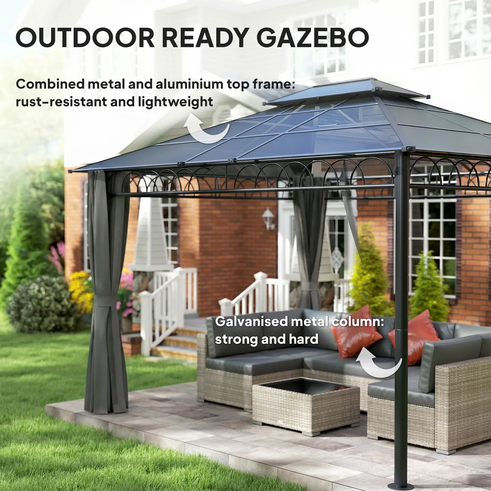 10' x 12' Outdoor Gazebo, Double Roof Hardtop, Polycarbonate Roof, Steel Frame - Image 6