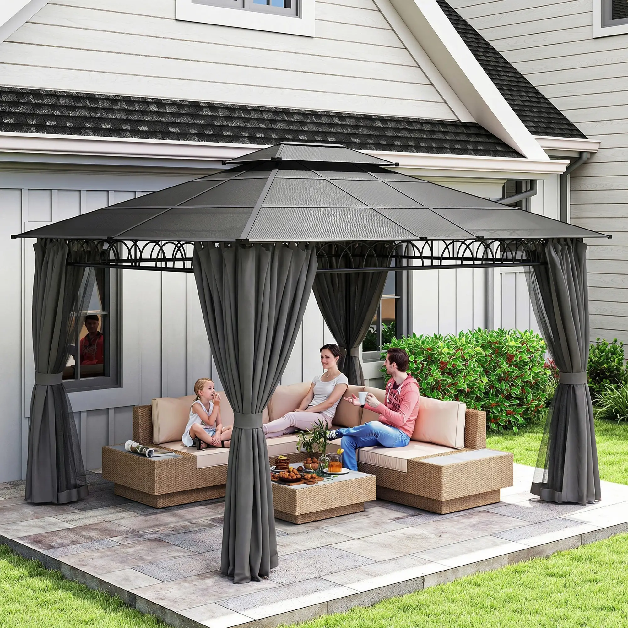 10' x 12' Outdoor Gazebo, Double Roof Hardtop, Polycarbonate Roof, Steel Frame - Image 9