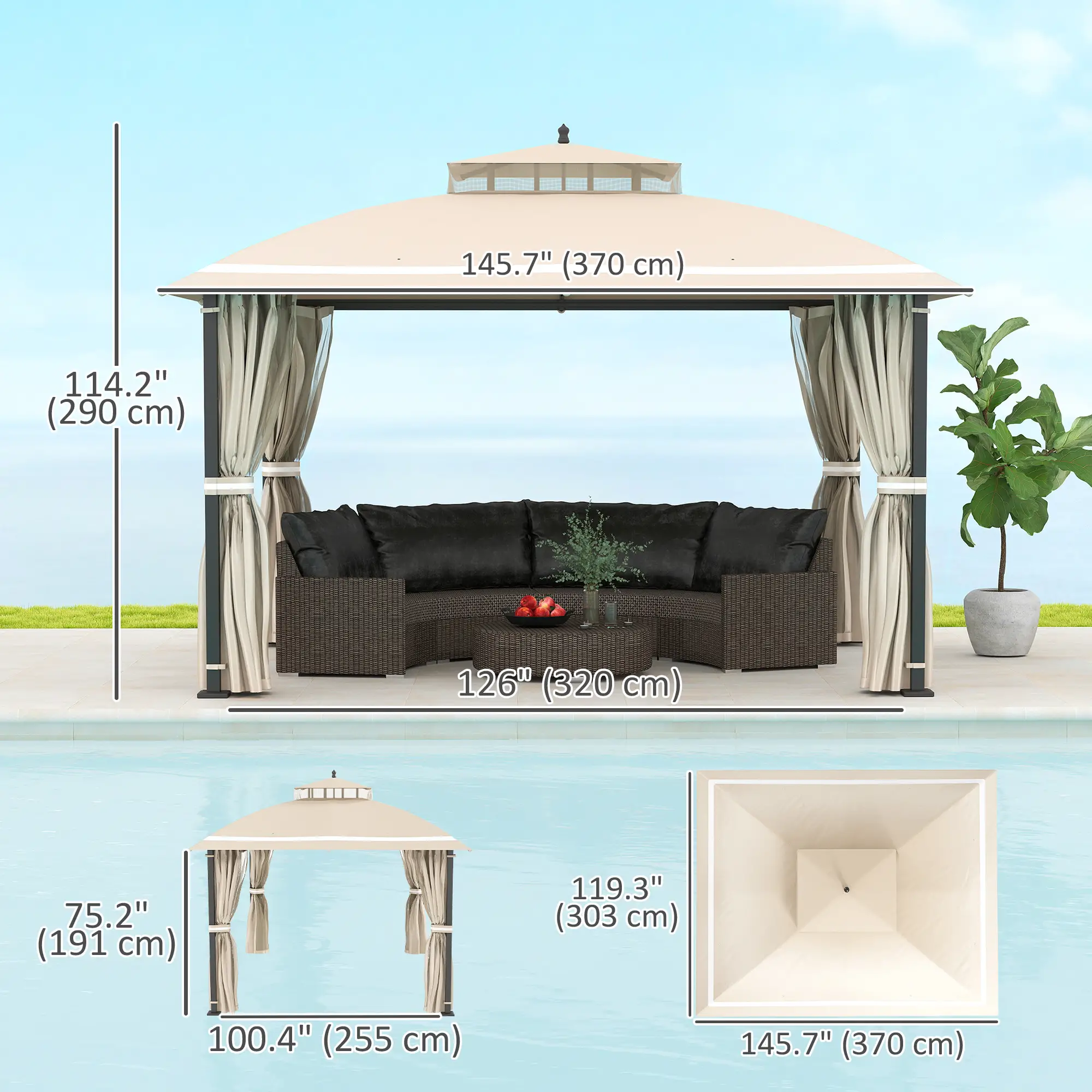 10' x 12' Outdoor Gazebo, Double Roof with Netting, Curtains - Image 3