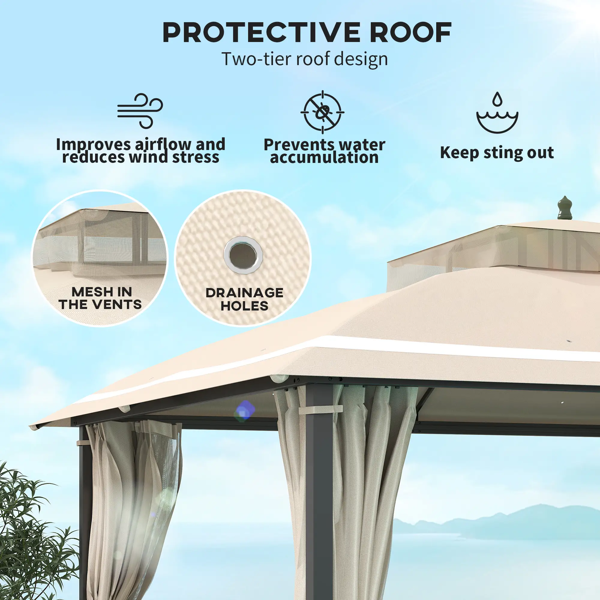 10' x 12' Outdoor Gazebo, Double Roof with Netting, Curtains - Image 4