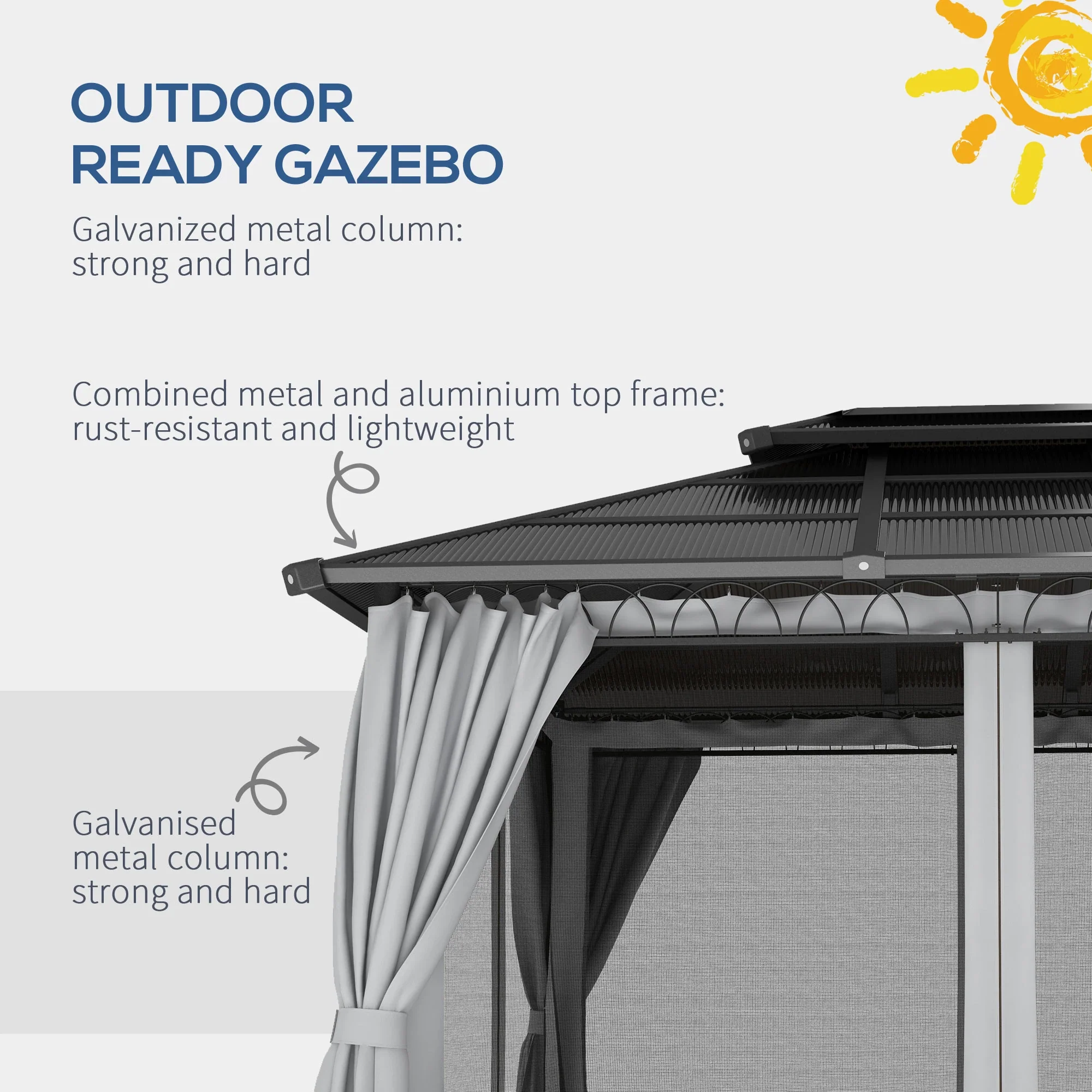10' x 12' Outdoor Hardtop Gazebo, Steel Frame, Grey - Image 6
