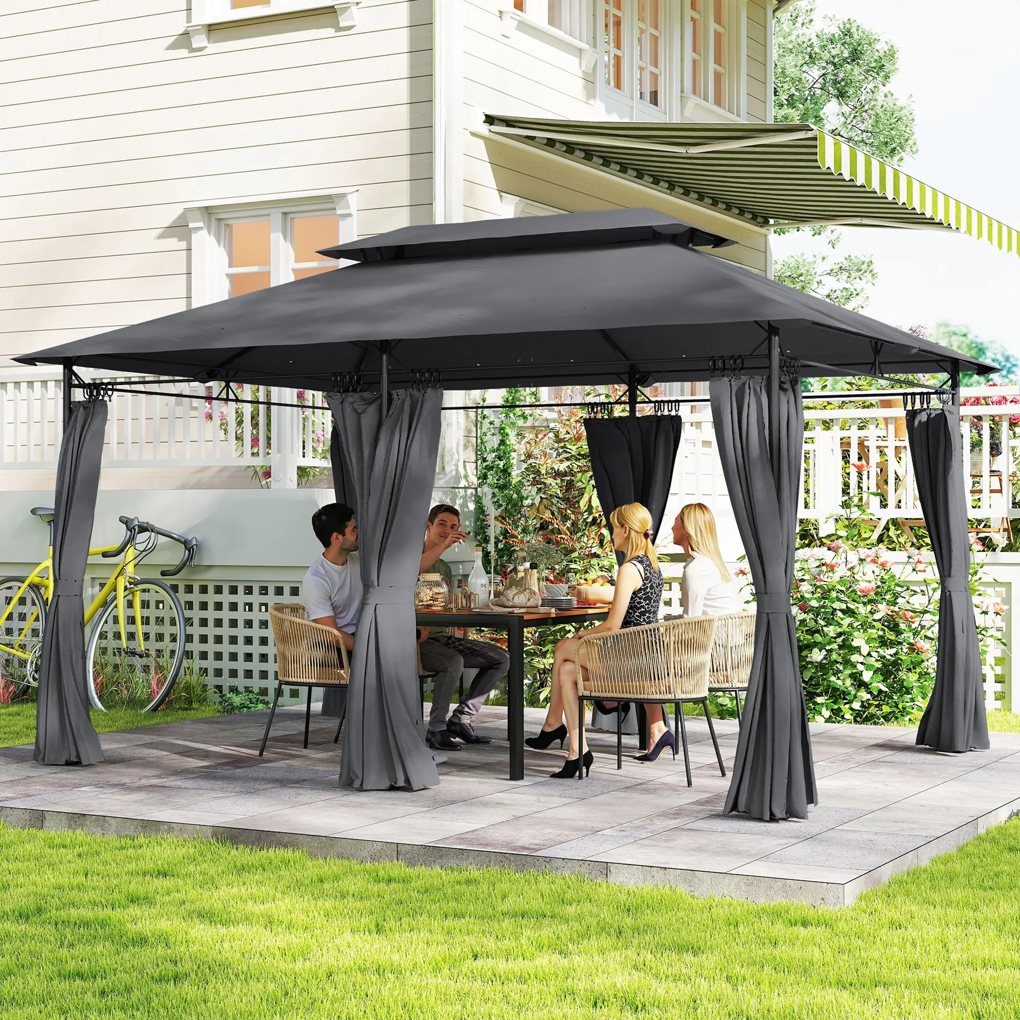 10' x 13' Double Roof Patio Gazebo, Outdoor Gazebo with Curtains, Grey - Image 2