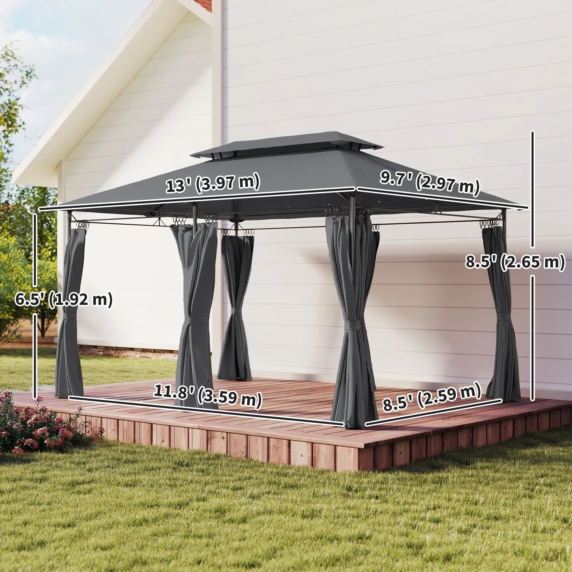 10' x 13' Double Roof Patio Gazebo, Outdoor Gazebo with Curtains, Grey - Image 3