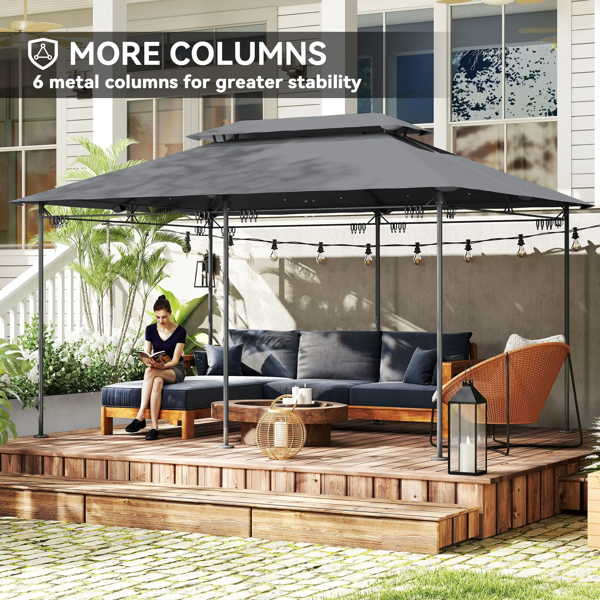 10' x 13' Double Roof Patio Gazebo, Outdoor Gazebo with Curtains, Grey - Image 5