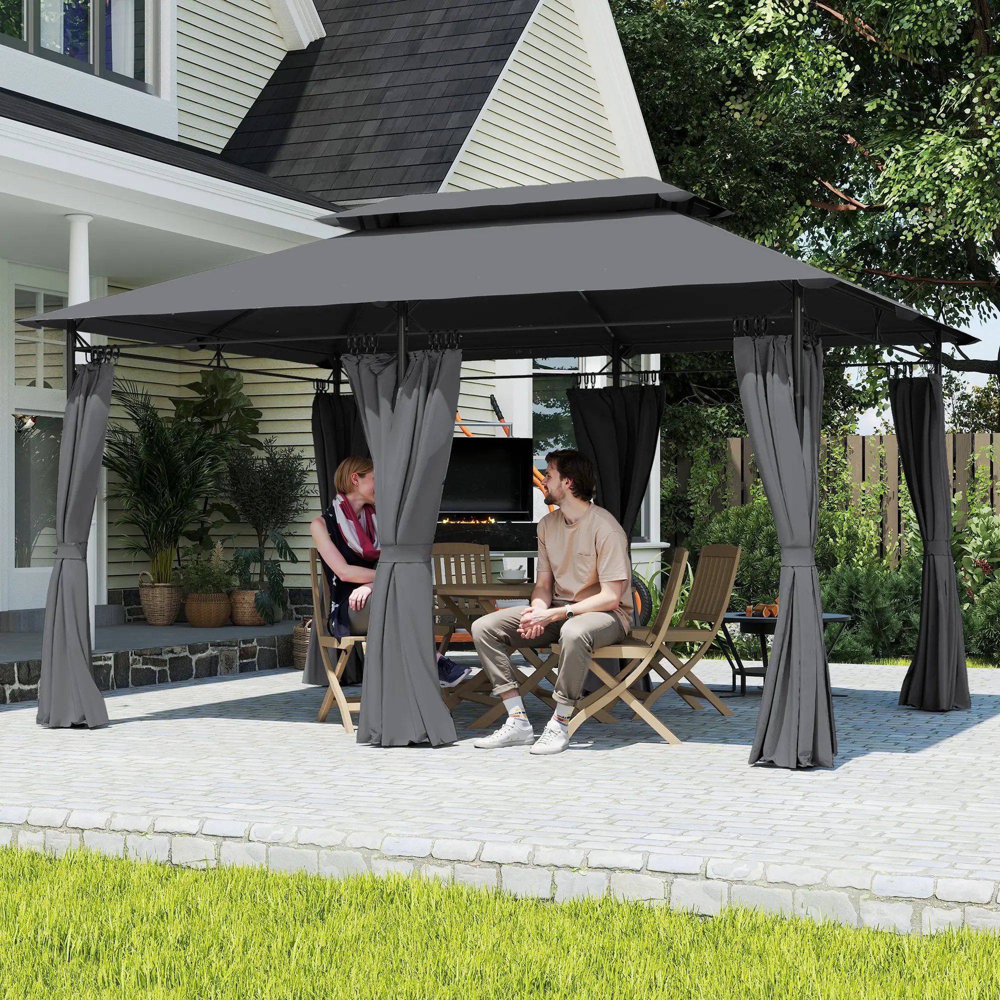10' x 13' Double Roof Patio Gazebo, Outdoor Gazebo with Curtains, Grey - Image 7