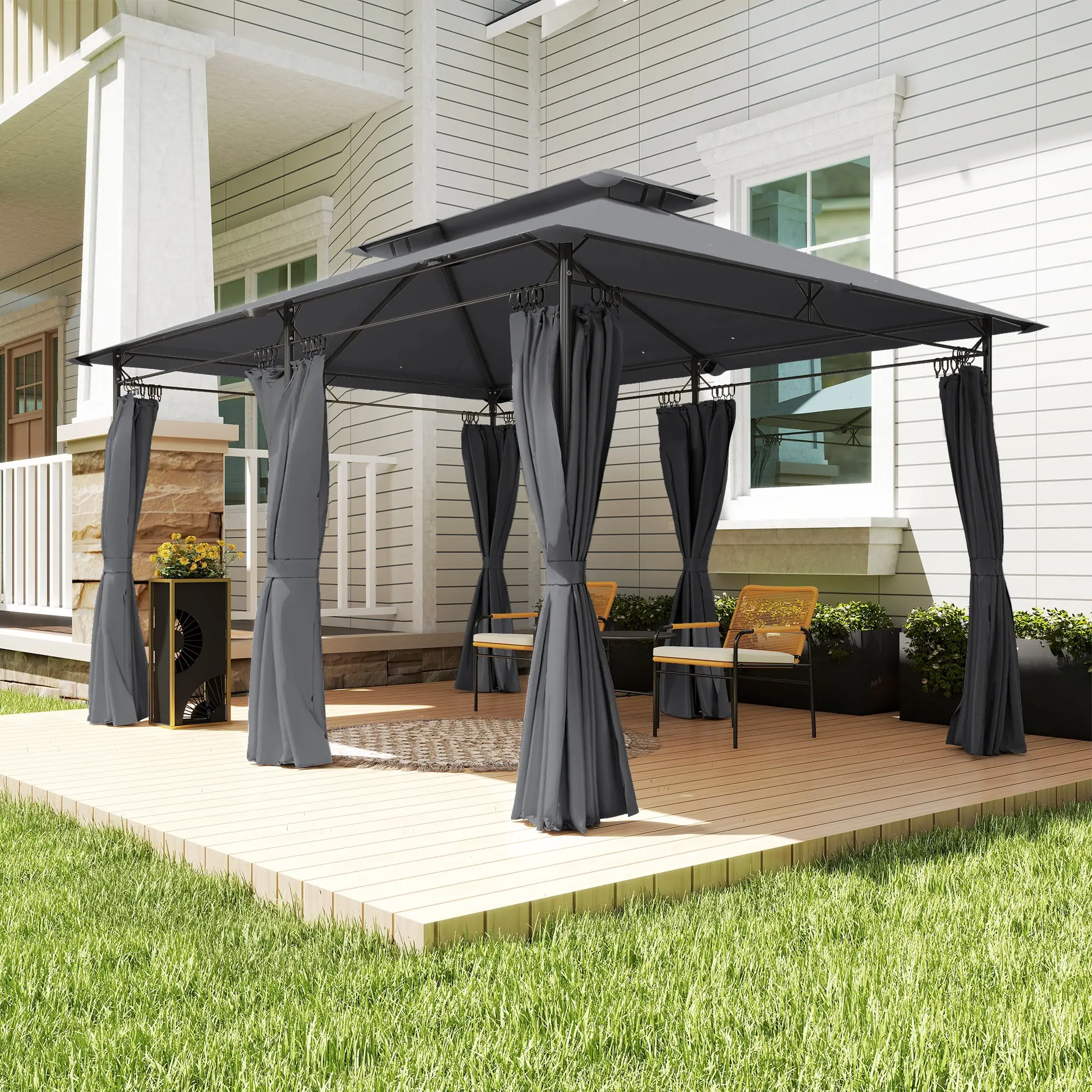10' x 13' Double Roof Patio Gazebo, Outdoor Gazebo with Curtains, Grey - Image 9