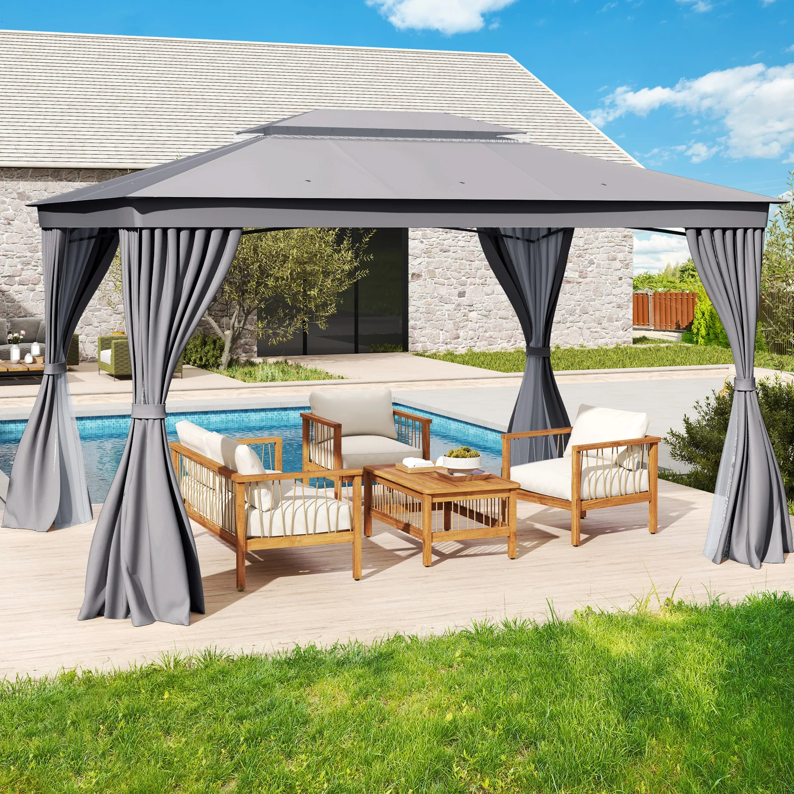 10 x 13 Feet Gazebo, Double Roof, Mesh Netting, Privacy Curtains, Gray - Image 2