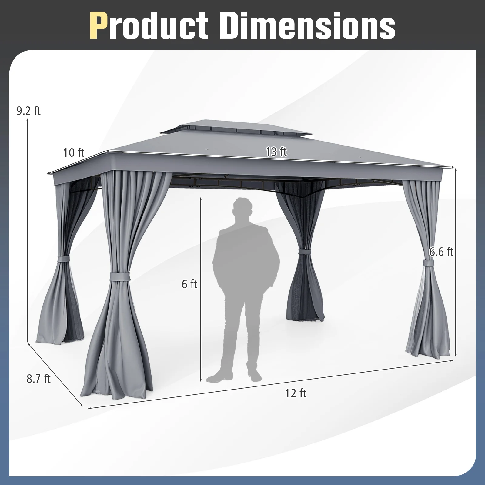 10 x 13 Feet Gazebo, Double Roof, Mesh Netting, Privacy Curtains, Gray - Image 6