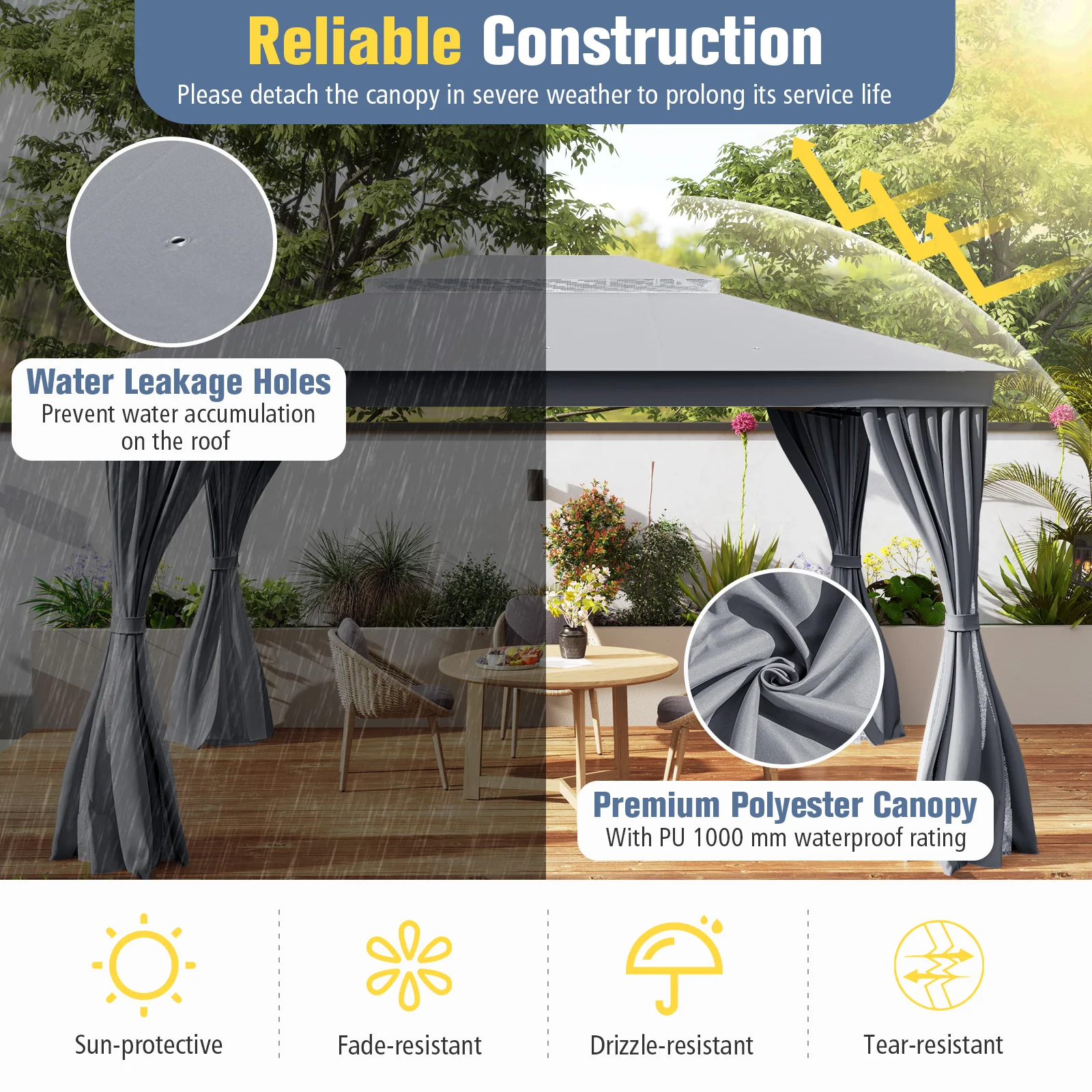 10 x 13 Feet Gazebo, Double Roof, Mesh Netting, Privacy Curtains, Gray - Image 7