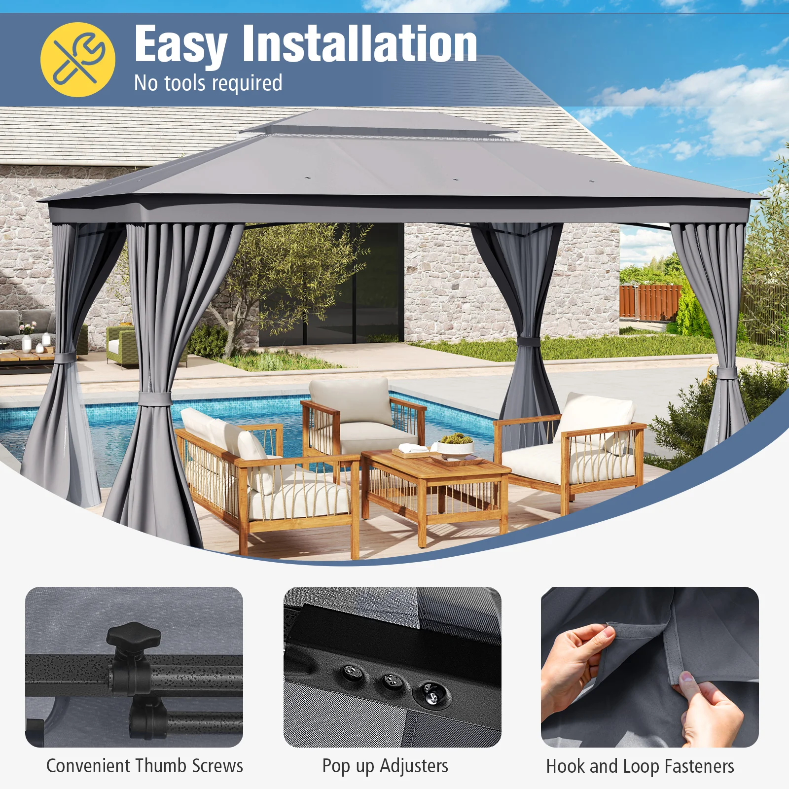 10 x 13 Feet Gazebo, Double Roof, Mesh Netting, Privacy Curtains, Gray - Image 8