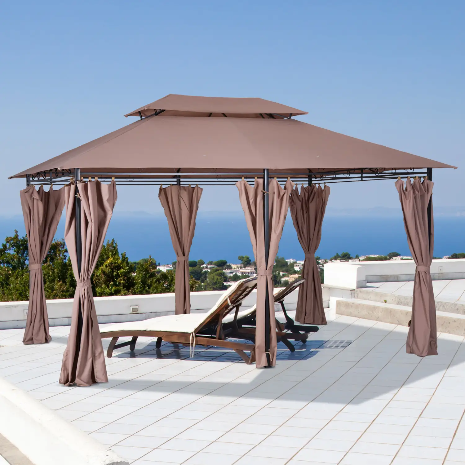 10' x 13' Patio Gazebo, Outdoor Garden Canopy with Curtains, Khaki - Image 2