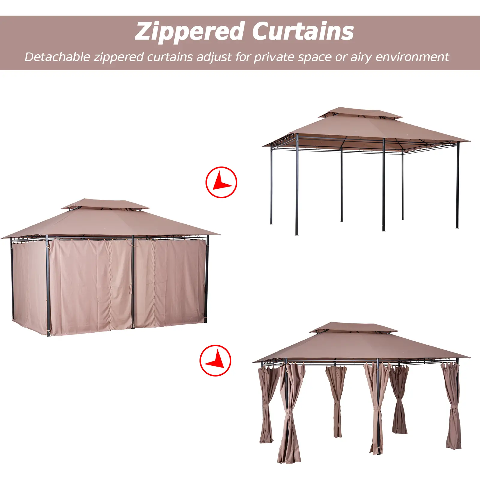 10' x 13' Patio Gazebo, Outdoor Garden Canopy with Curtains, Khaki - Image 5