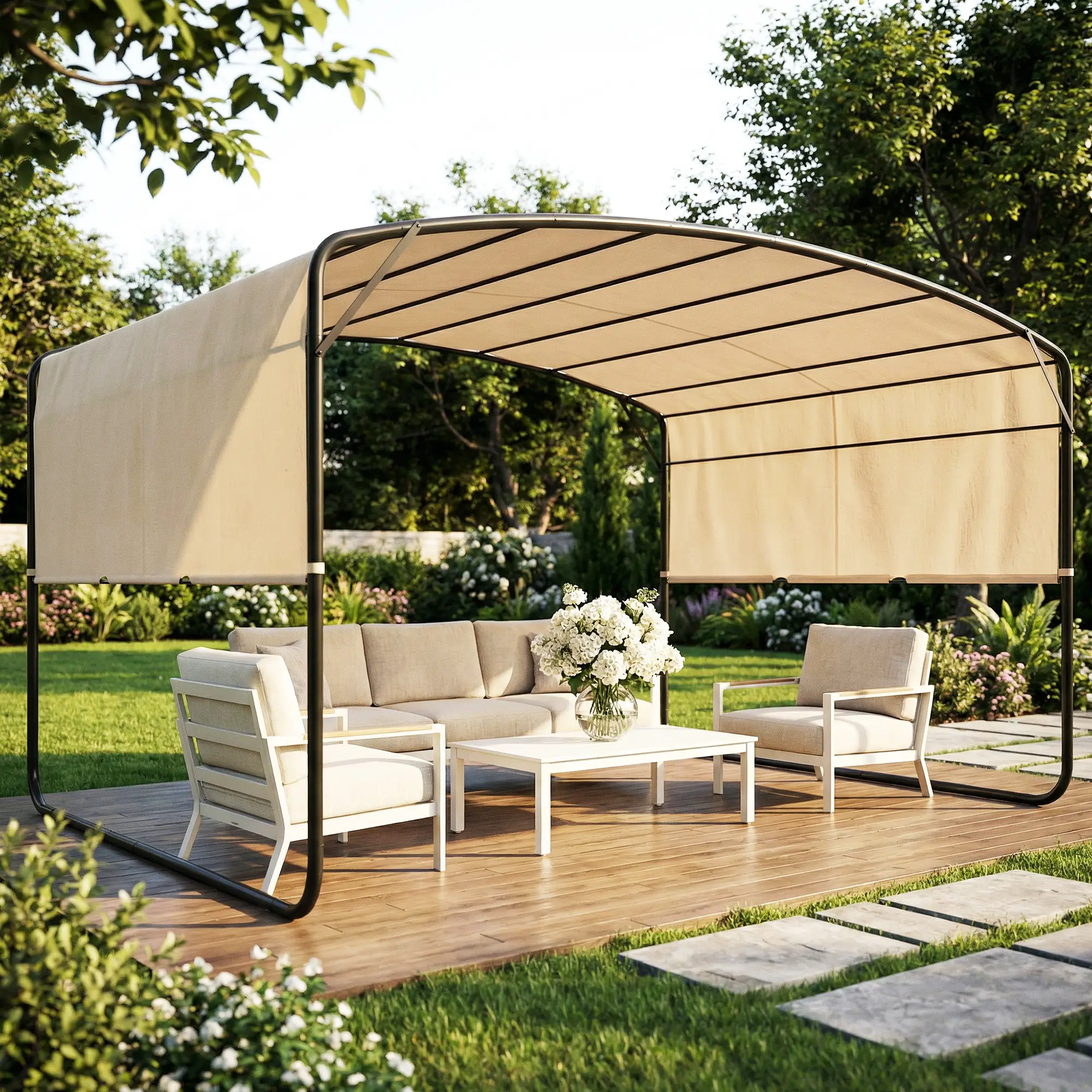 10' x 13' Retractable Pergola Canopy, Outdoor Metal Gazebo Sun Shade, Khaki - Image 2