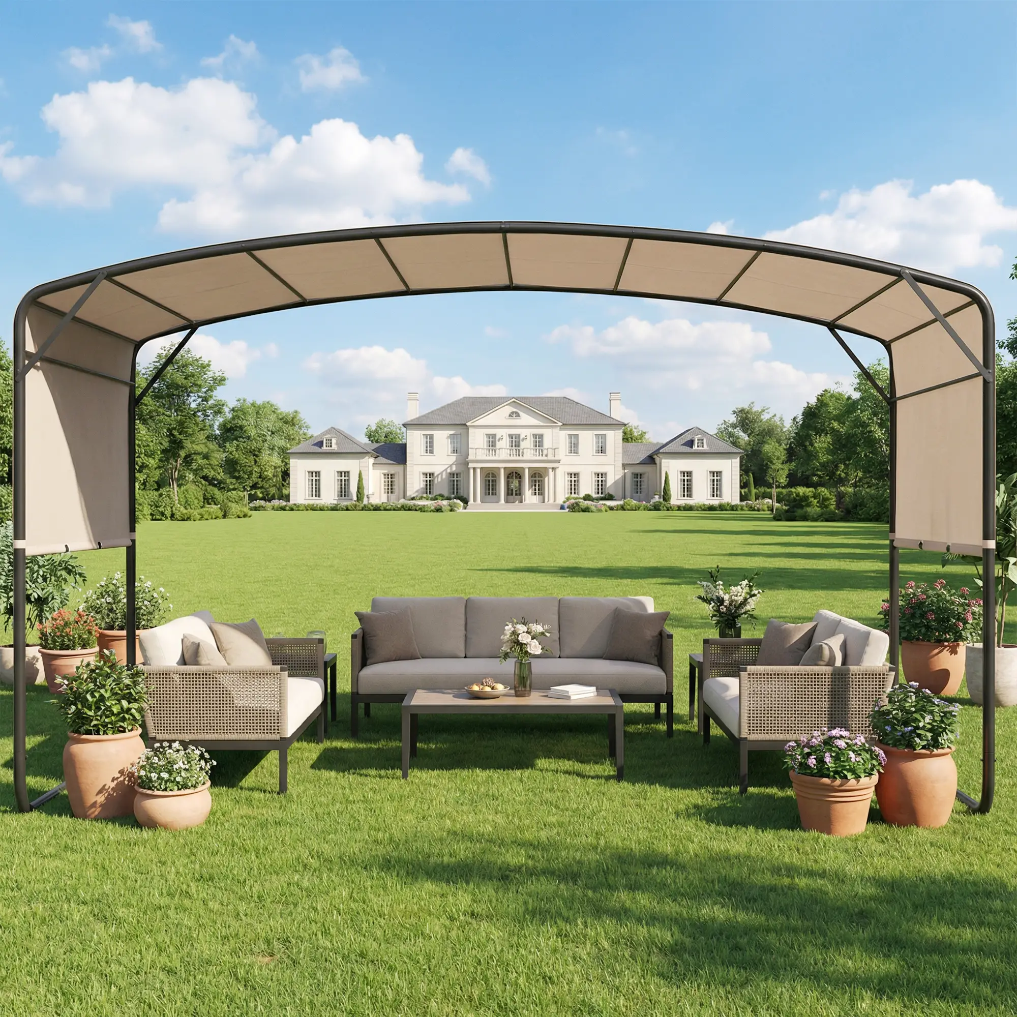 10' x 13' Retractable Pergola Canopy, Outdoor Metal Gazebo Sun Shade, Khaki - Image 7