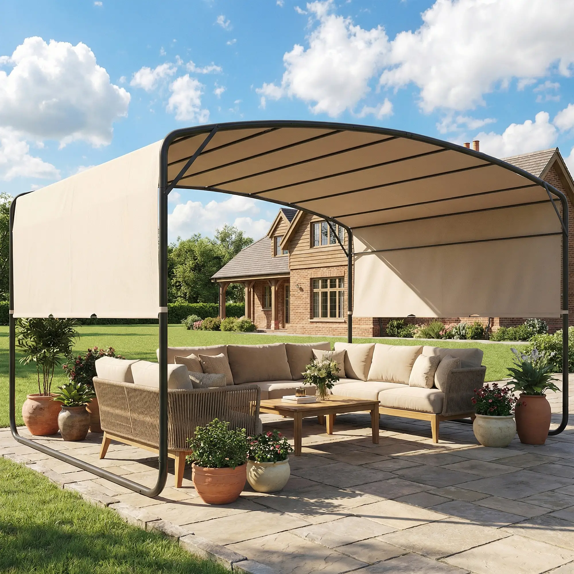 10' x 13' Retractable Pergola Canopy, Outdoor Metal Gazebo Sun Shade, Khaki - Image 9