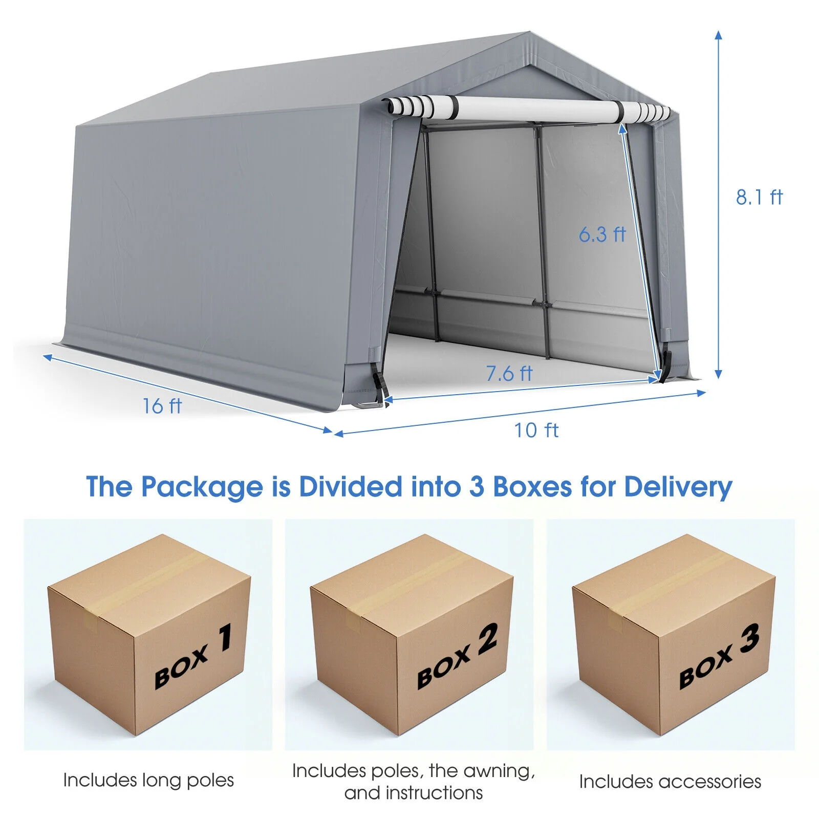 10 x 16 Feet Heavy-Duty Outdoor Carport, 2 Doors, Gray - Image 5