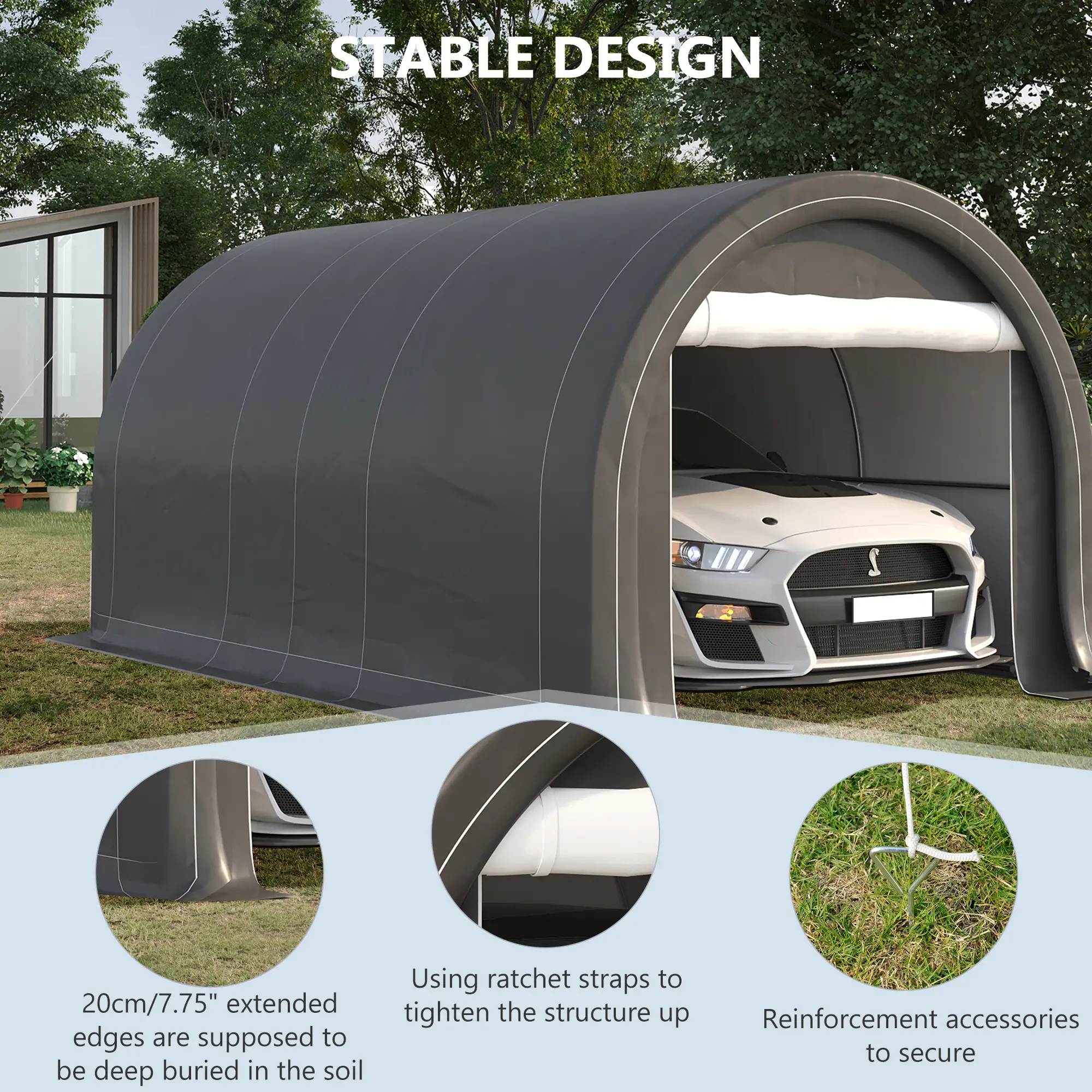 10' x 16' Heavy Duty Carport Tent, Zippered Door, PE Cover, Grey - Image 5