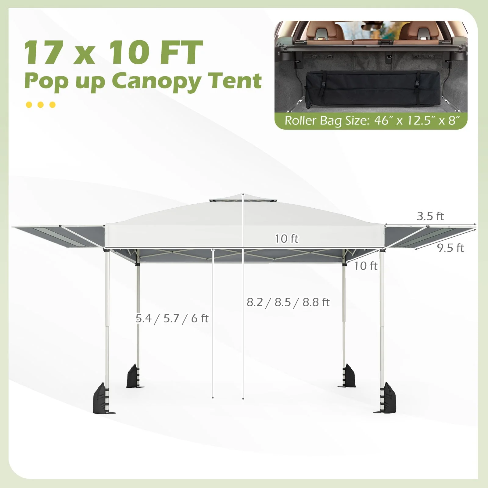10 x 17 Feet Pop Up Canopy Tent, Dual Adjustable Awnings, White - Image 5